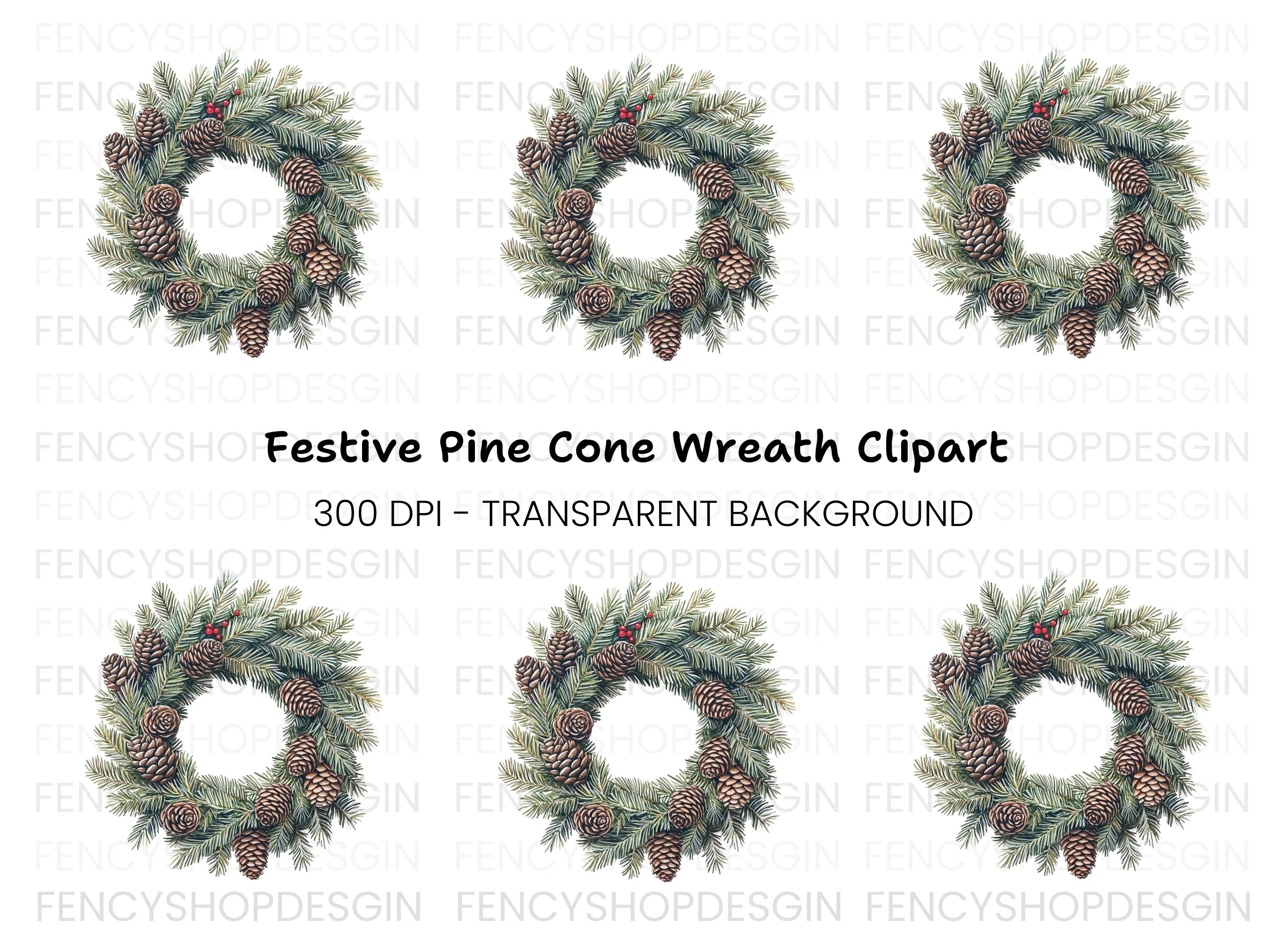 Christmas Pine Cone Wreath Clipart Bundle