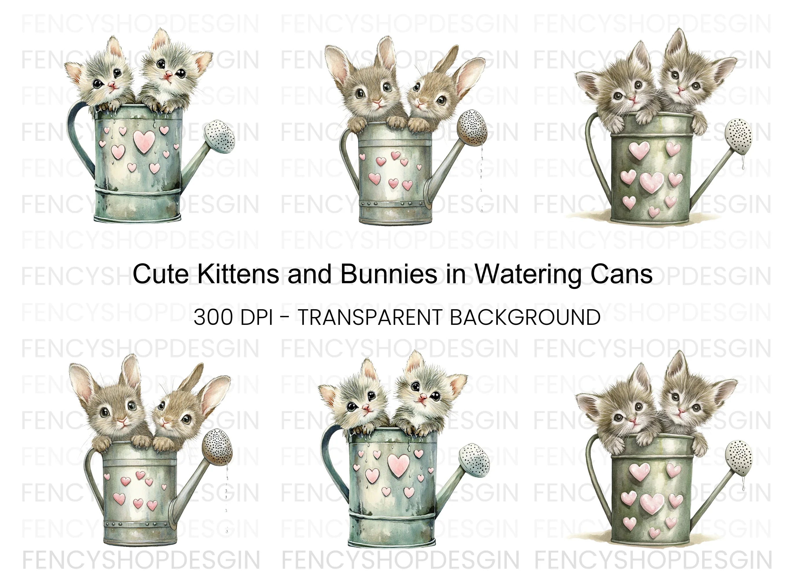 Cute Animals in Watering Cans Clipart Bundle