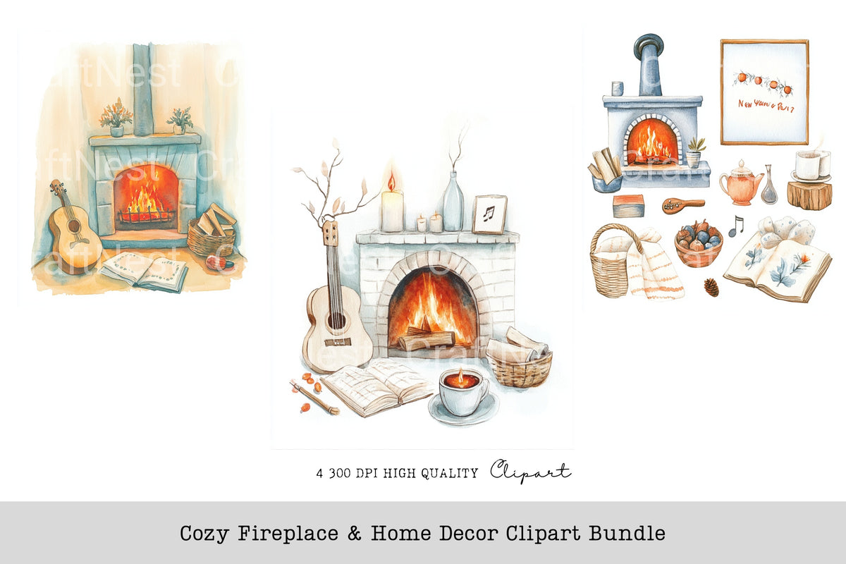 Cozy Fireplace Home Decor Clipart Bundle