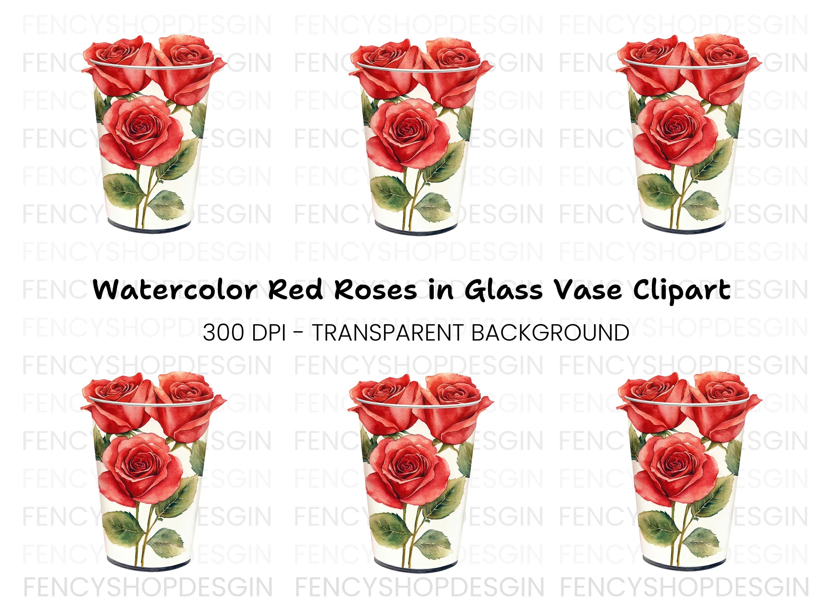 Red Roses in White Vase Clipart Bundle