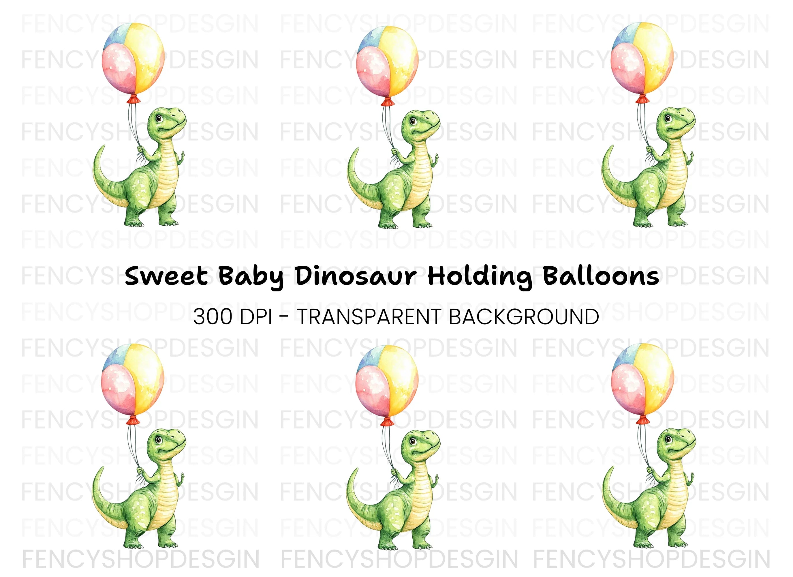 Cute Baby Dinosaur with Balloon Clipart Bundle
