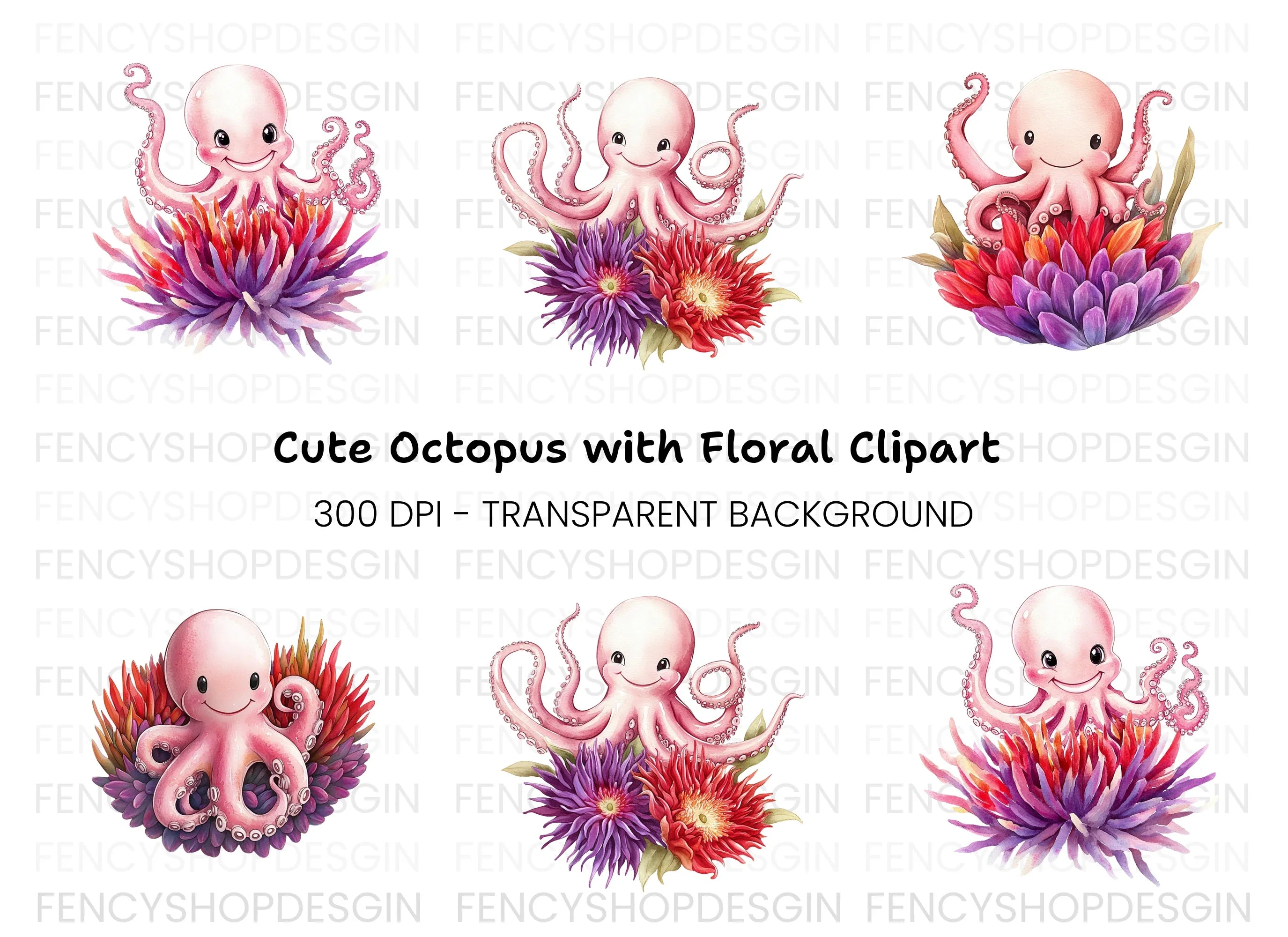 Happy Octopus with Flowers Clipart Bundle