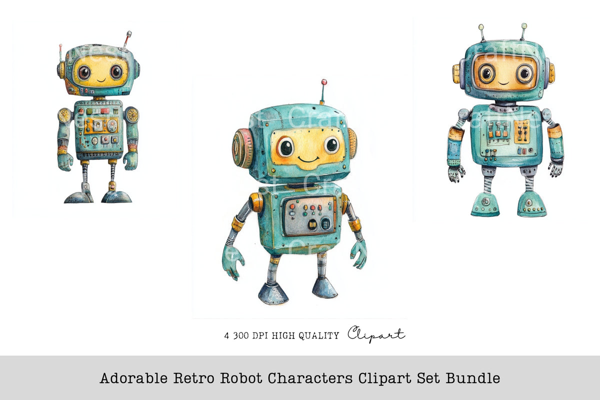 Adorable Retro Robot Characters Clipart Bundle