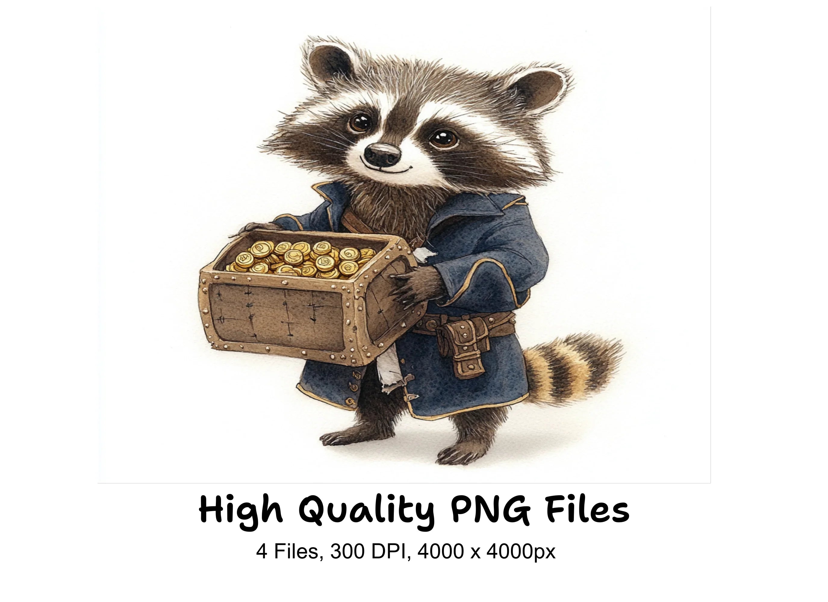 Cute Raccoon Pirate with Treasure Chest Clipart Bundle