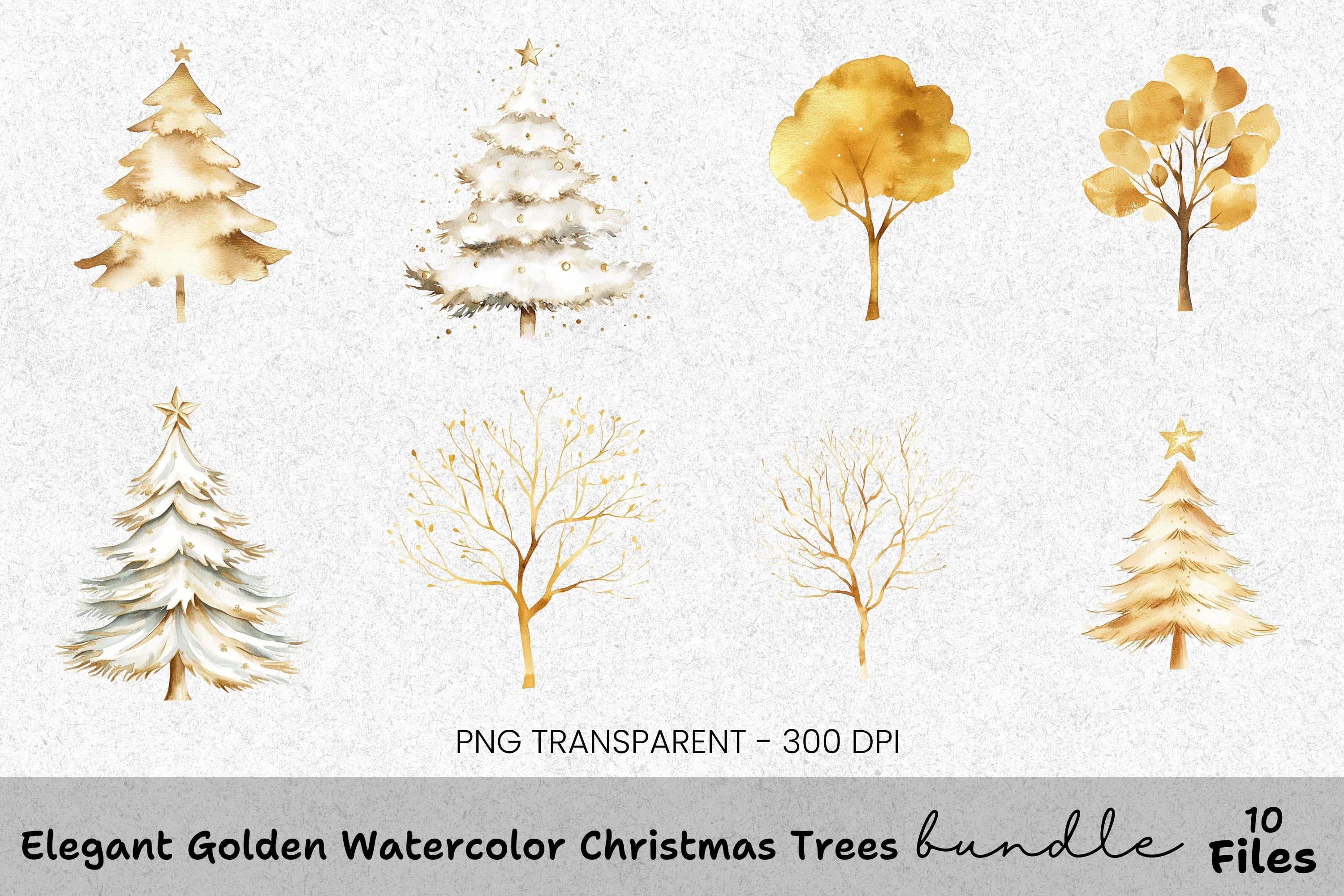 Elegant Gold and White Christmas Trees Clipart Bundle