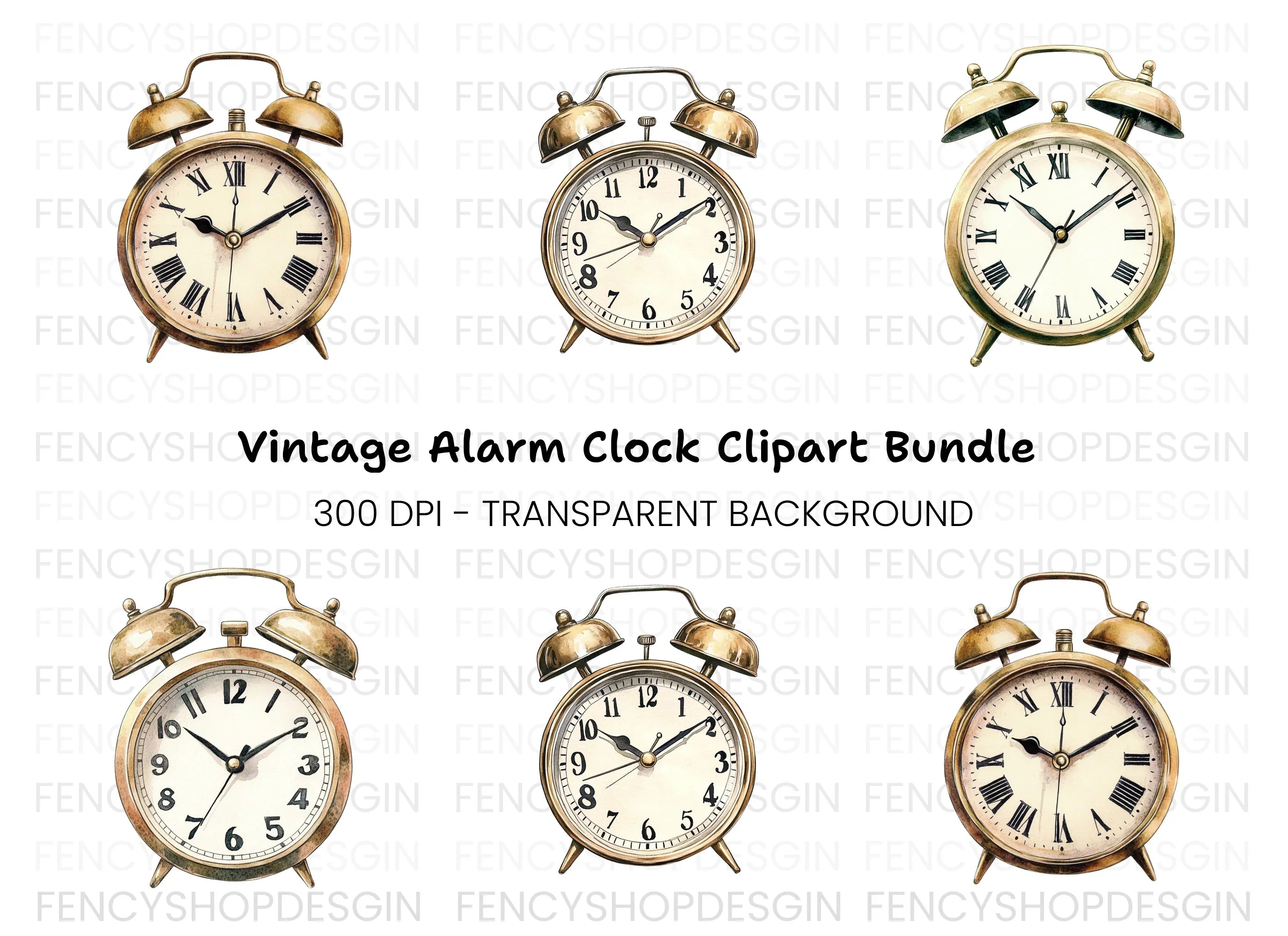 Vintage Gold Alarm Clock Clipart Bundle