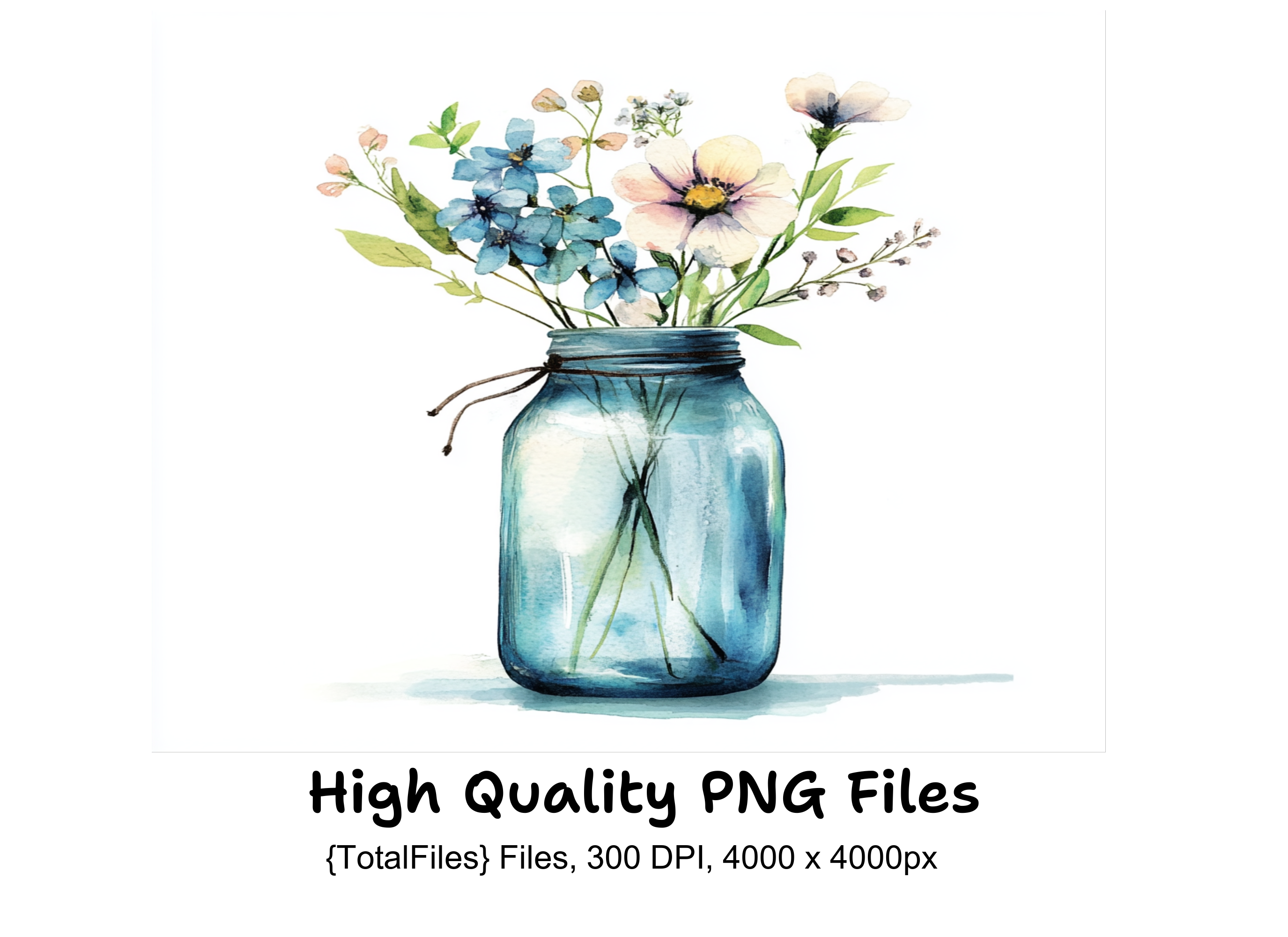 Blue and White Floral Mason Jar Clipart Bundle