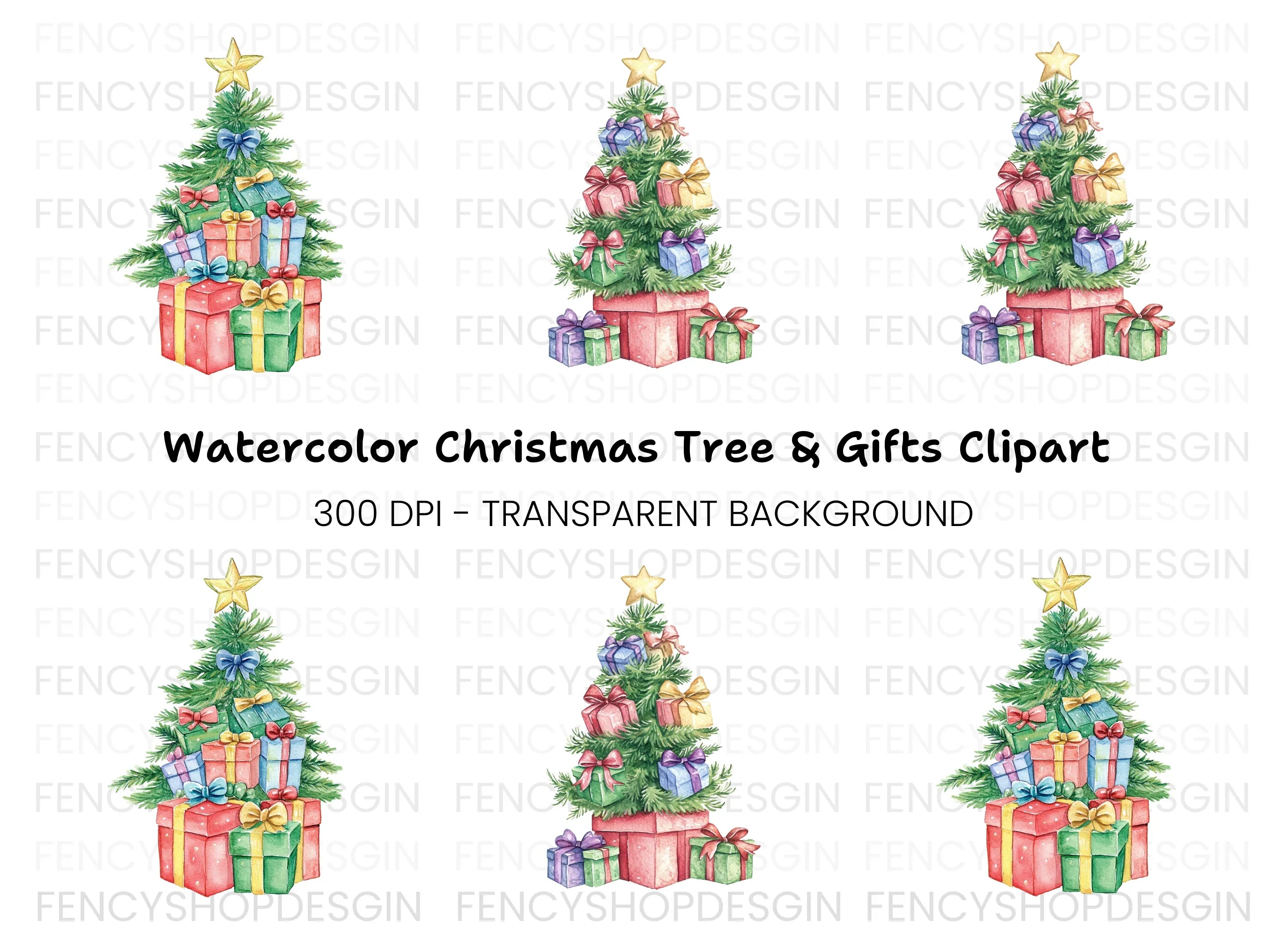 Christmas Trees with Presents Clipart Bundle
