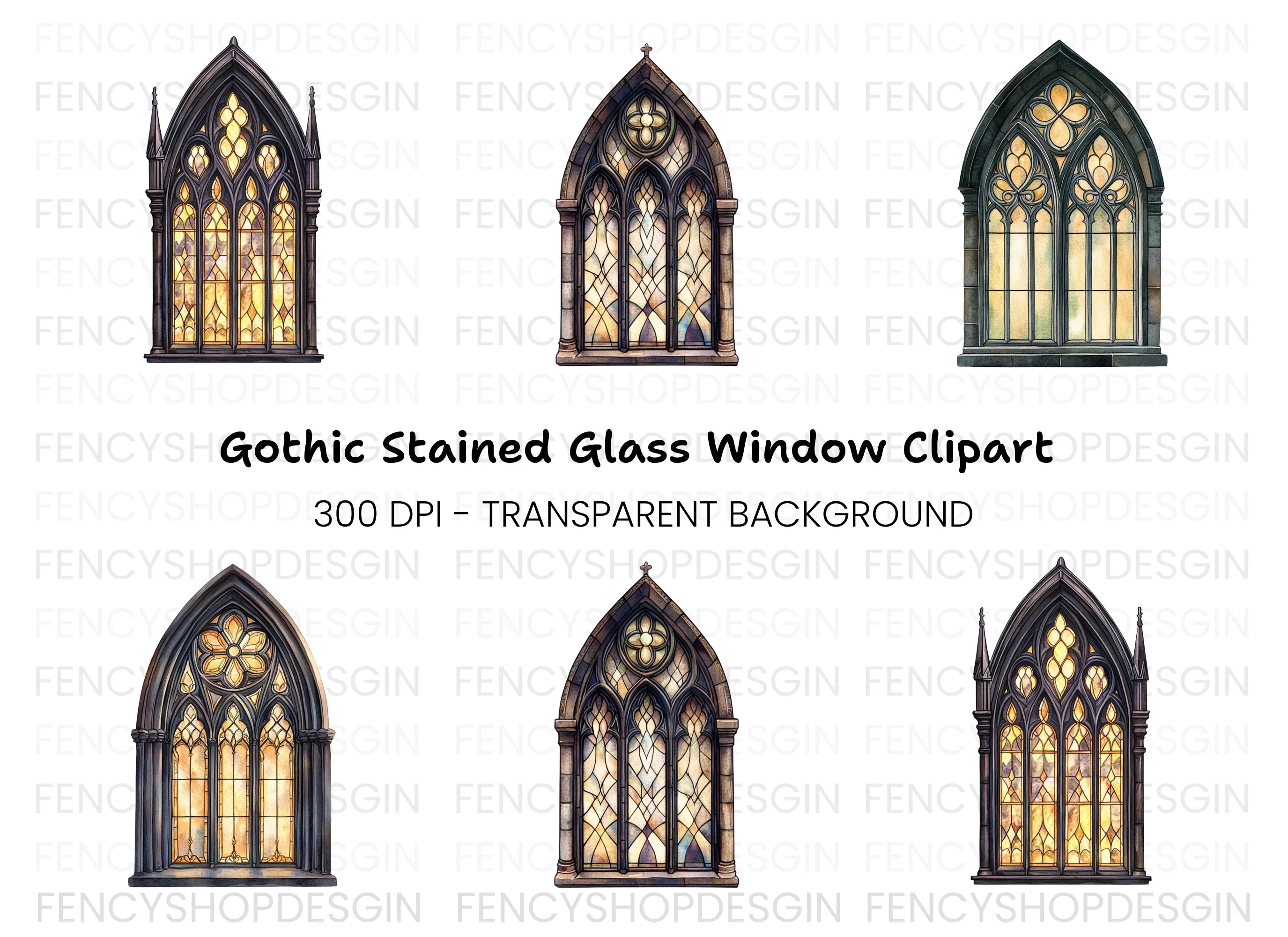 Gothic Stained Glass Window Clipart Bundle