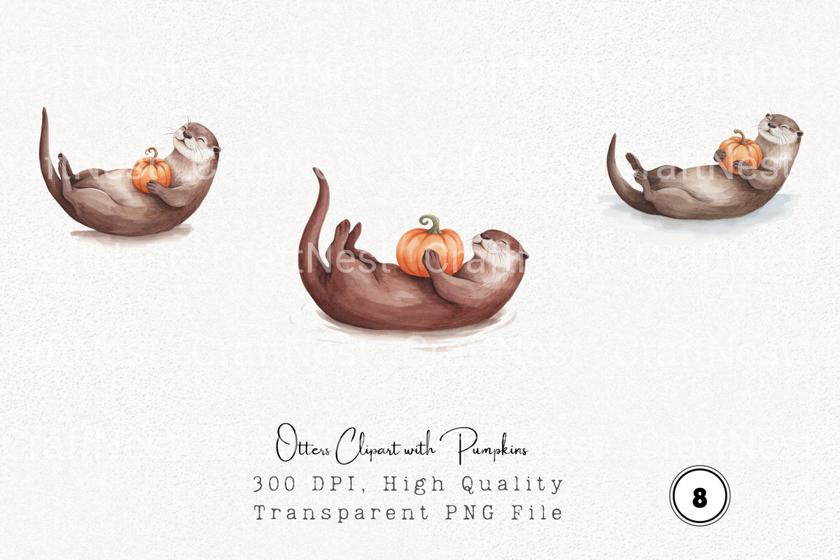 Otters With Pumpkins Clipart Bundle