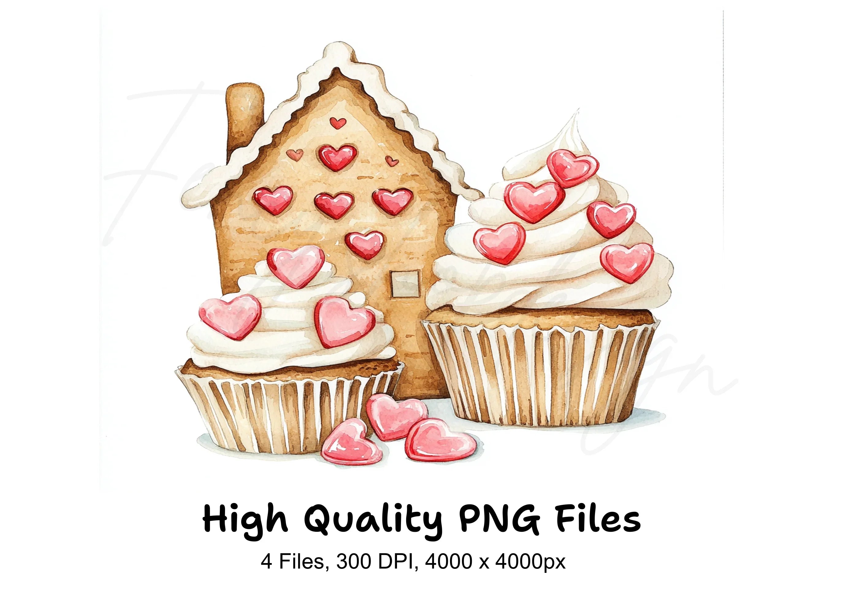 Valentine Gingerbread House Cupcakes Clipart Bundle