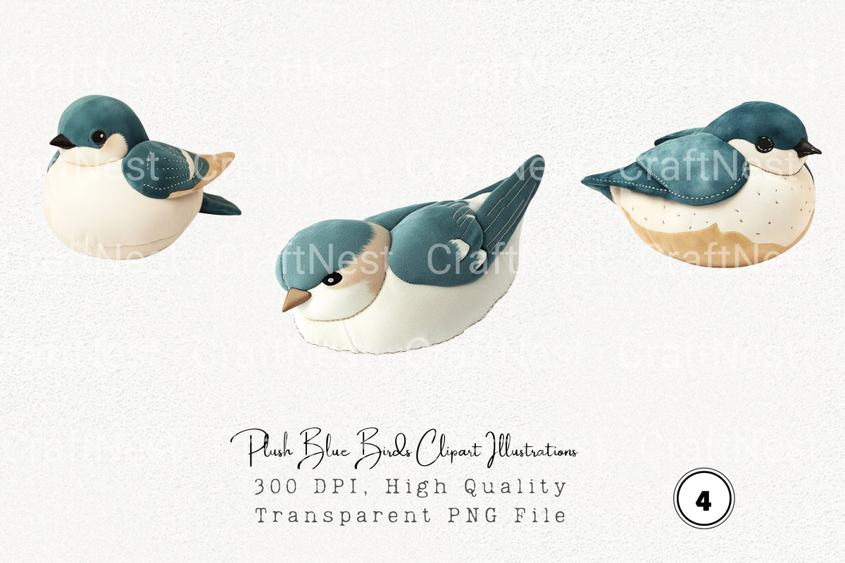 Plush Blue Birds Illustrations Clipart Bundle