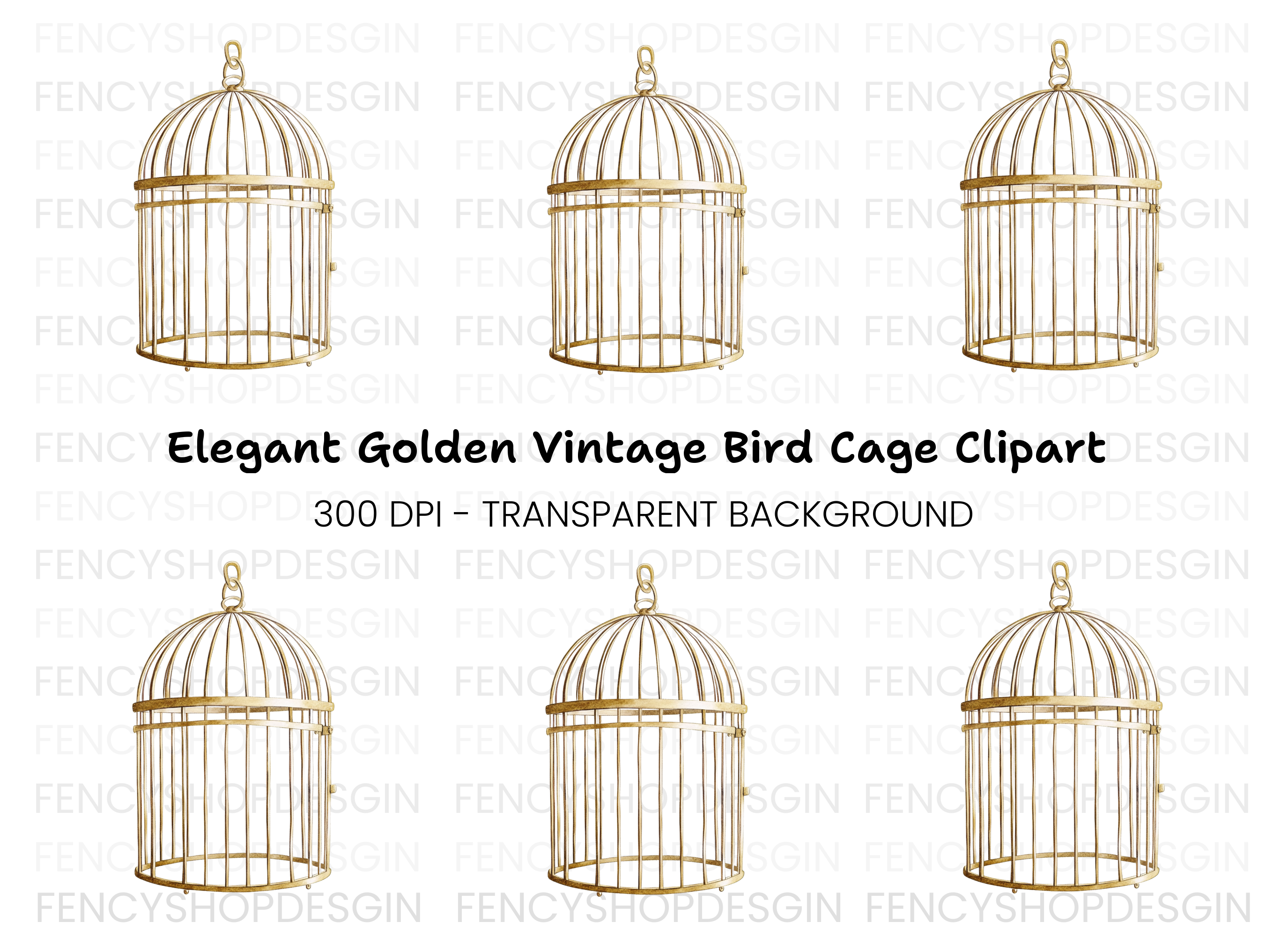 Vintage Gold Bird Cage Clipart Bundle