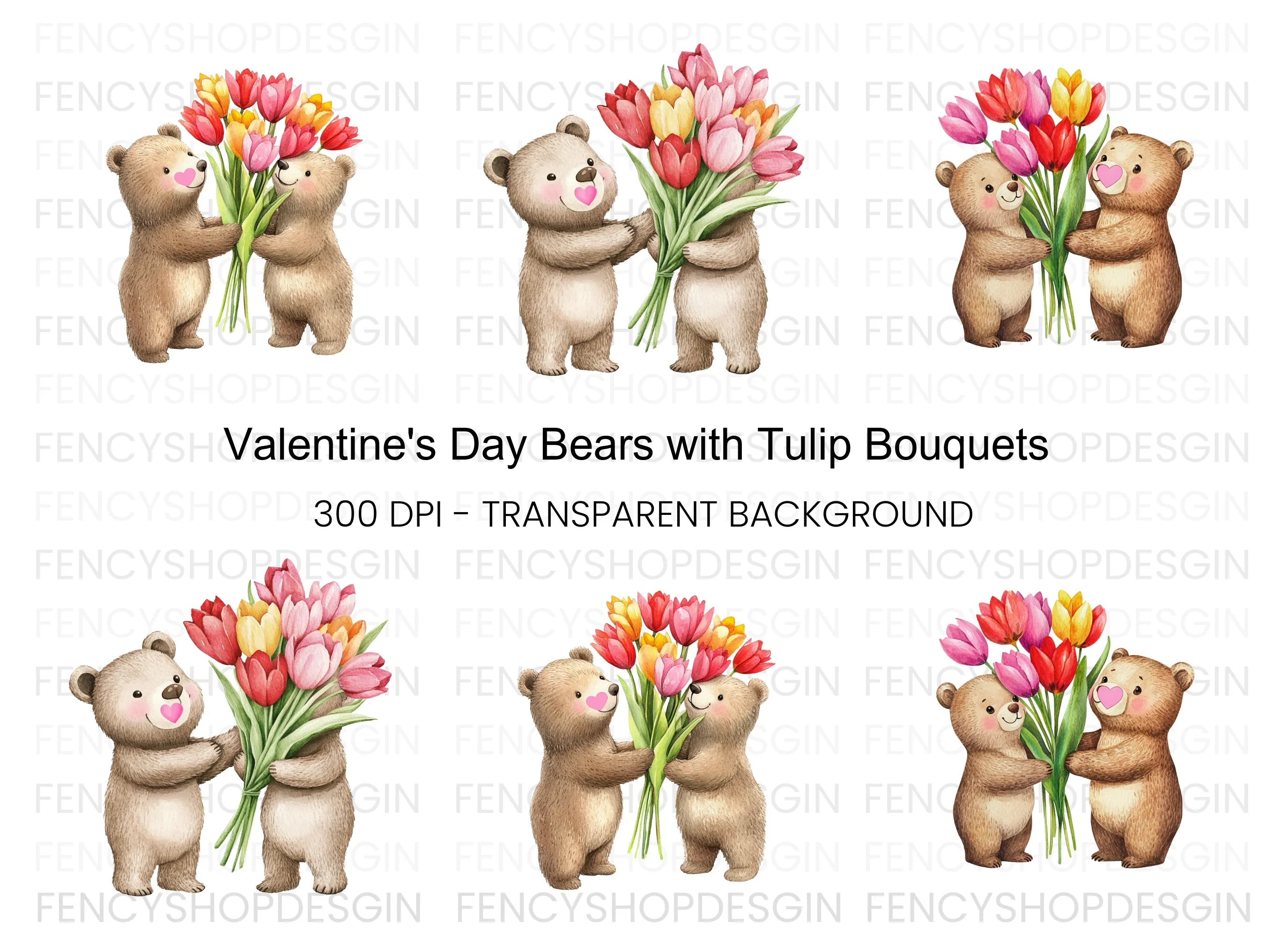 Teddy Bears with Tulip Bouquets Clipart Bundle