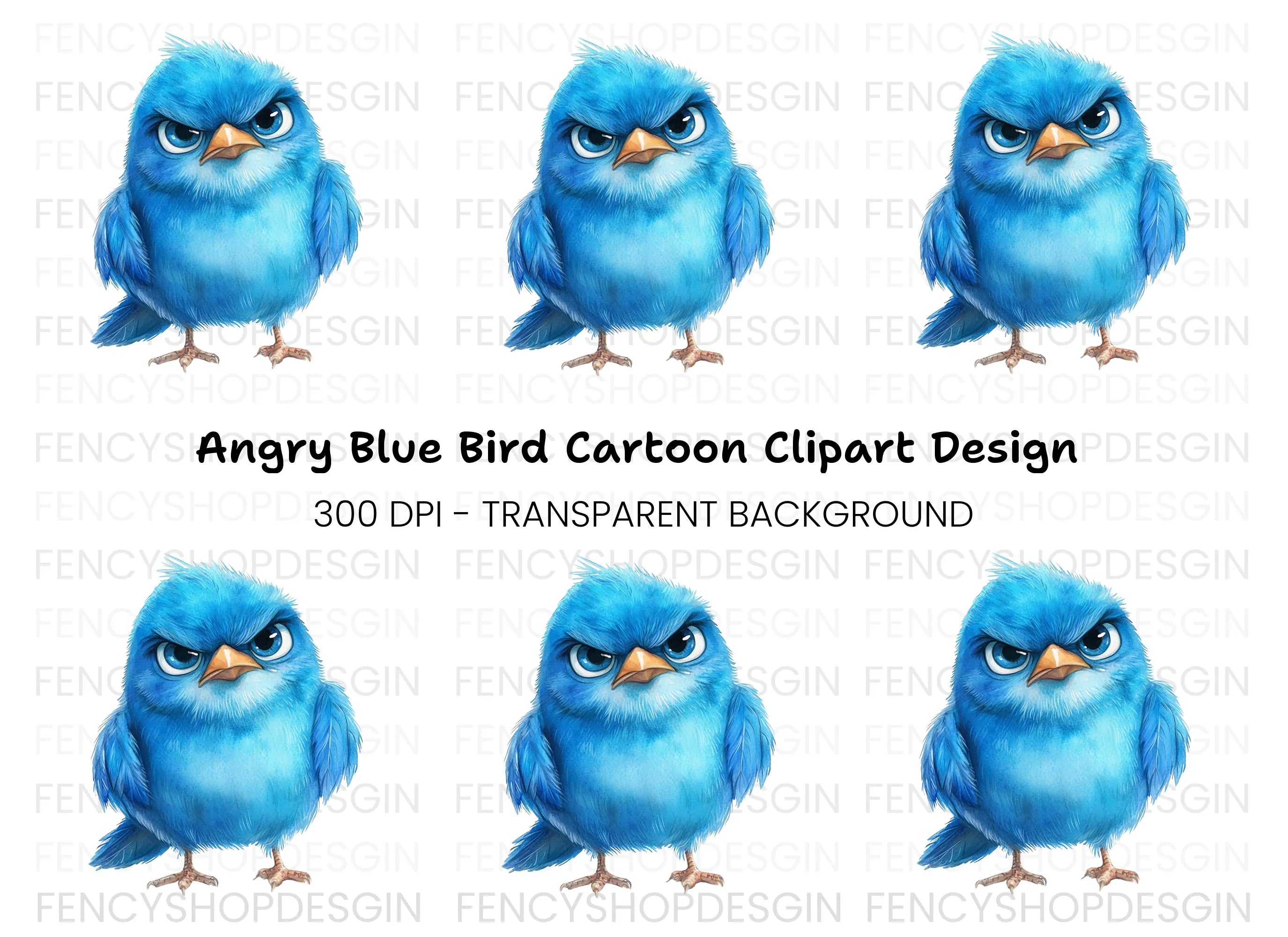 Grumpy Blue Bird Illustration Clipart Bundle