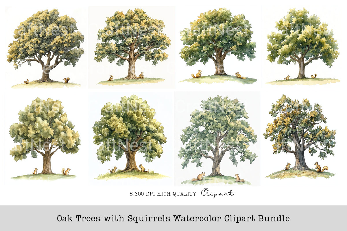 Oak Trees With Squirrels Clipart Bundle