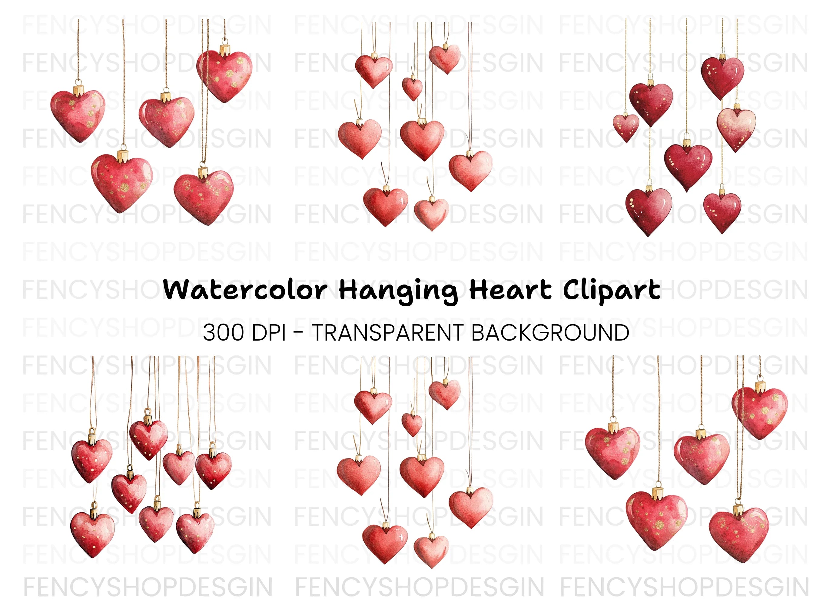 Hanging Red Heart Ornaments Clipart Bundle
