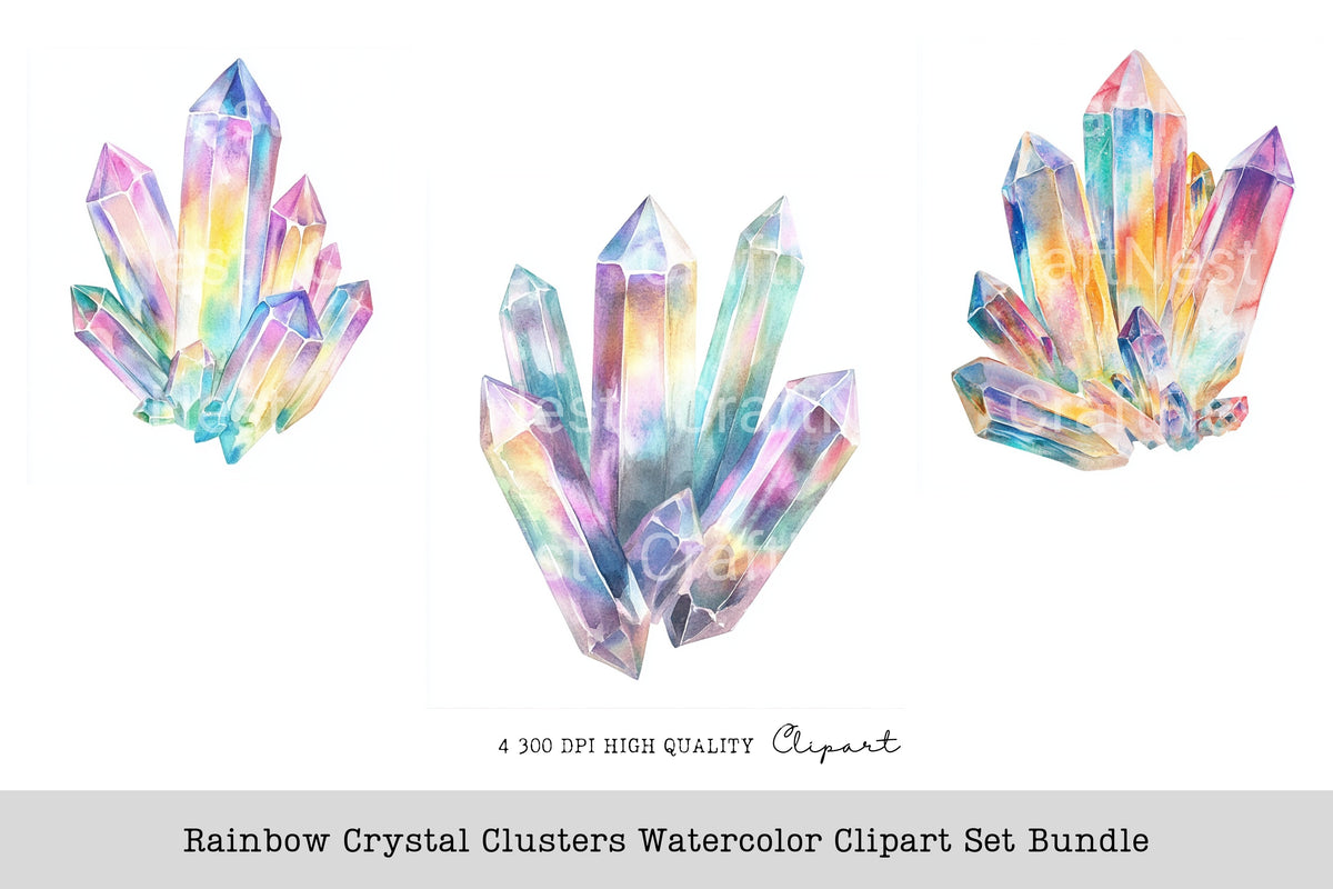 Rainbow Crystal Clusters Clipart Bundle