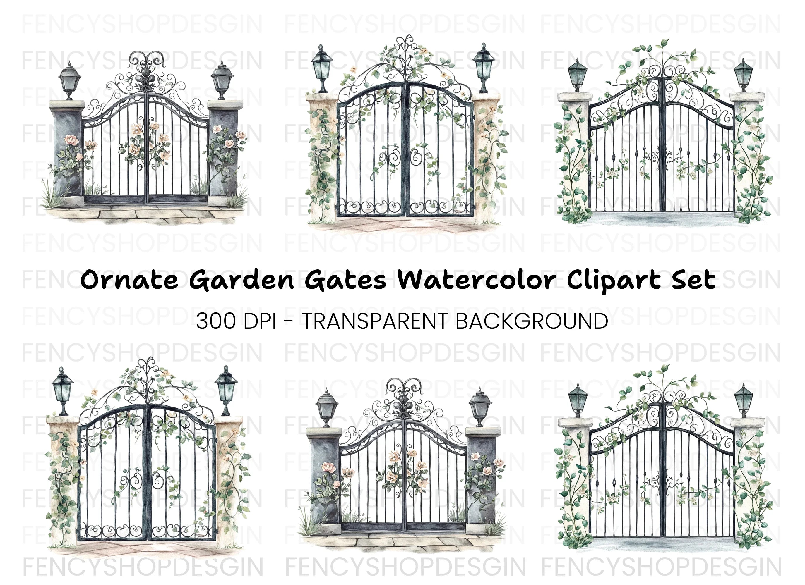 Elegant Wrought Iron Gate Clipart Bundle