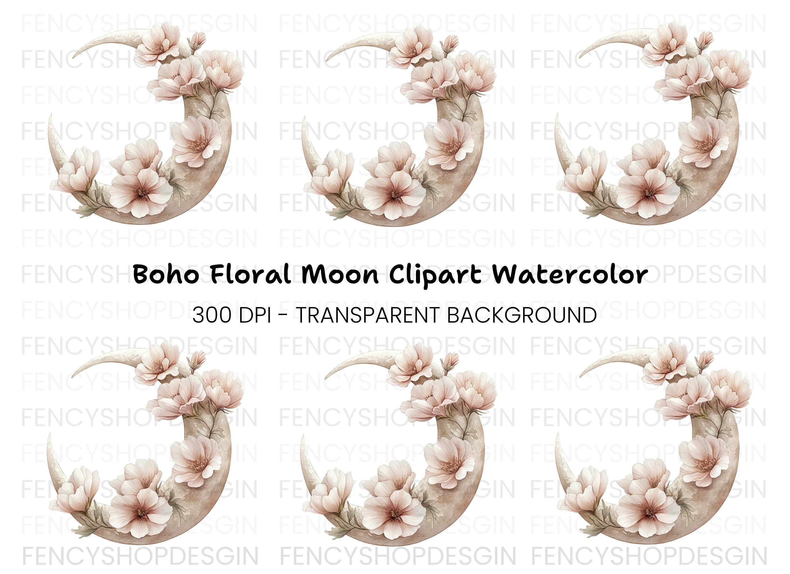 Floral Crescent Moon Clipart Bundle