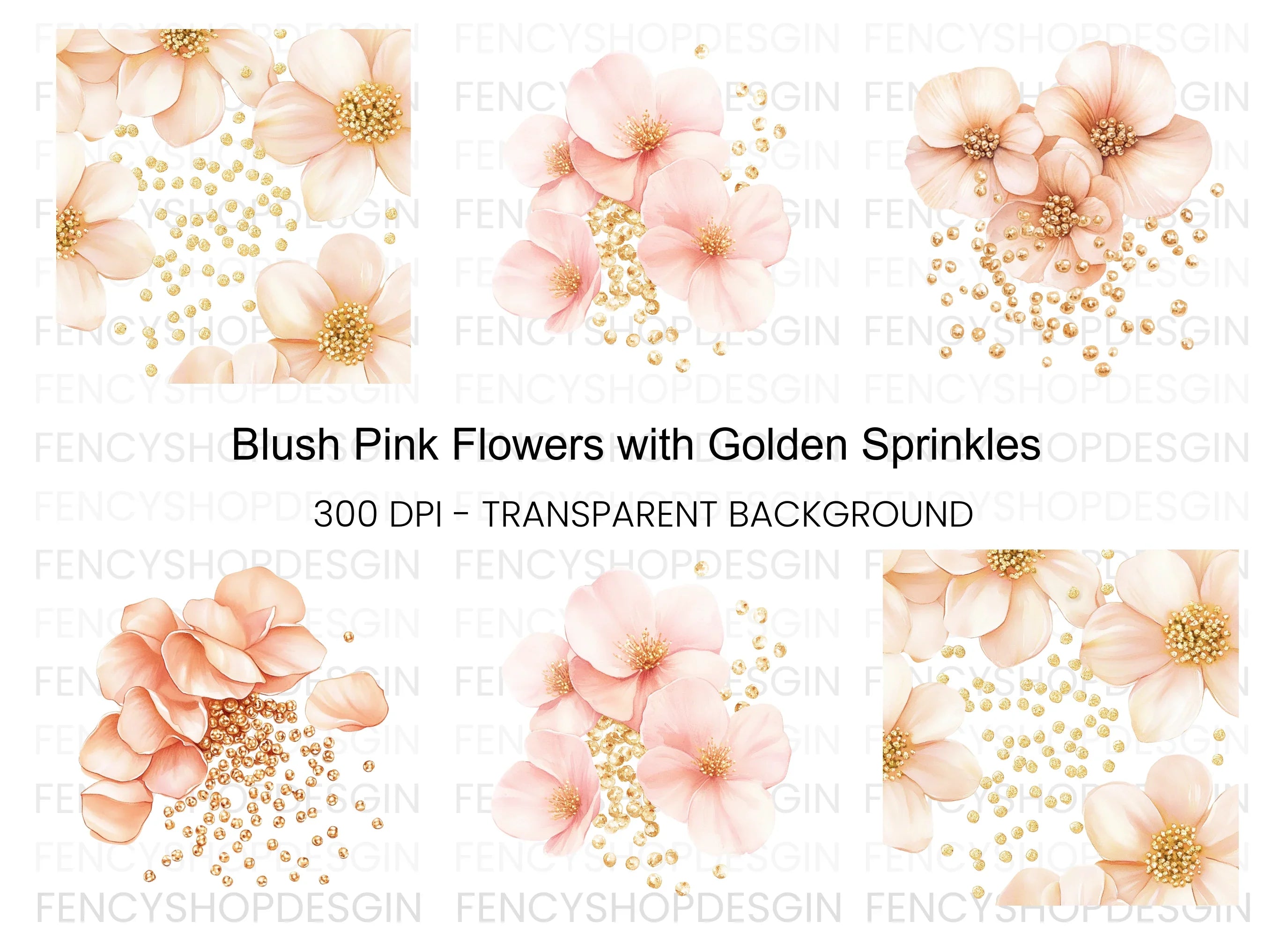 Blush Flowers Gold Glitter Clipart Bundle