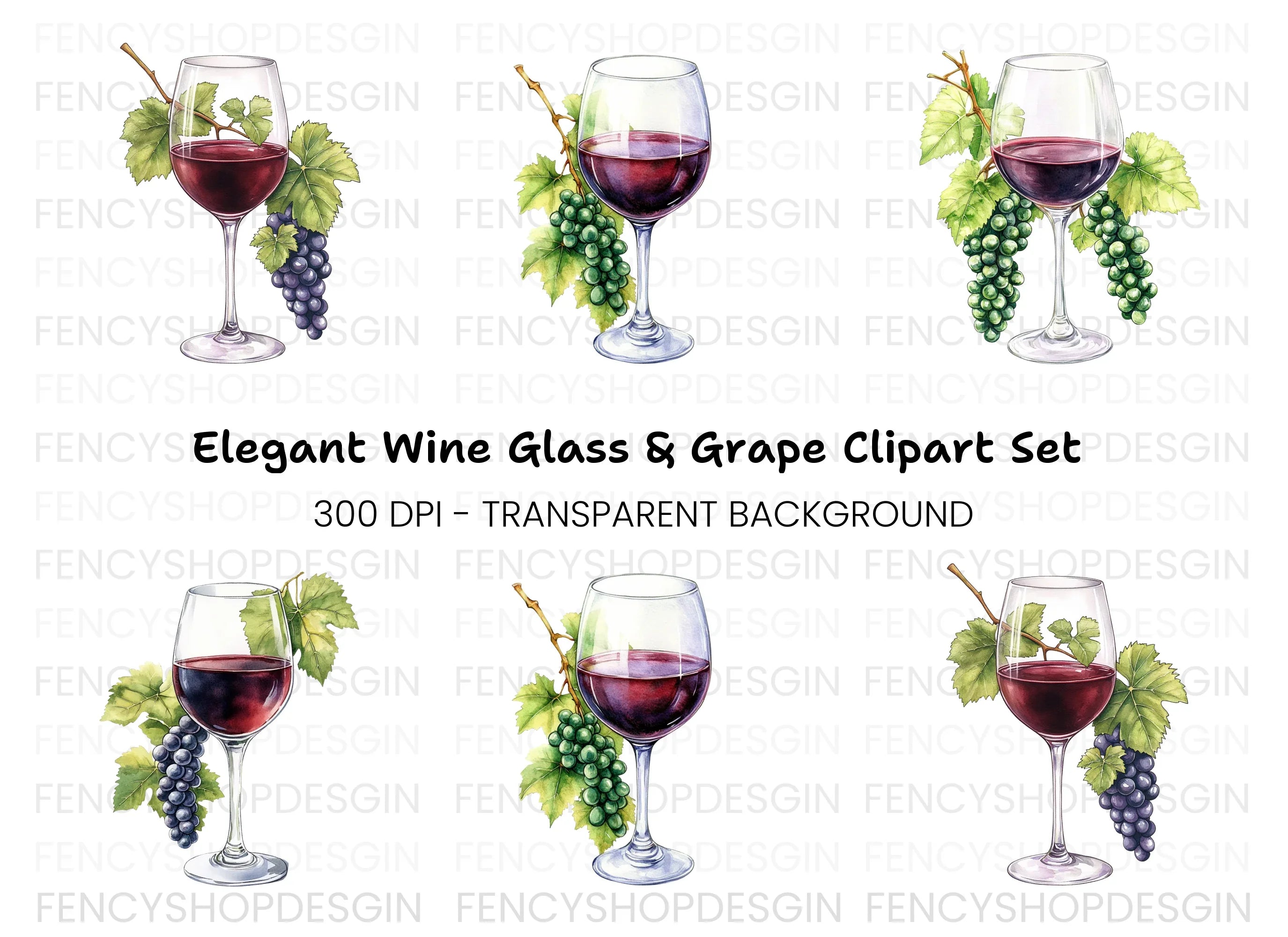 Elegant Wine Glasses with Grapes Clipart Bundle