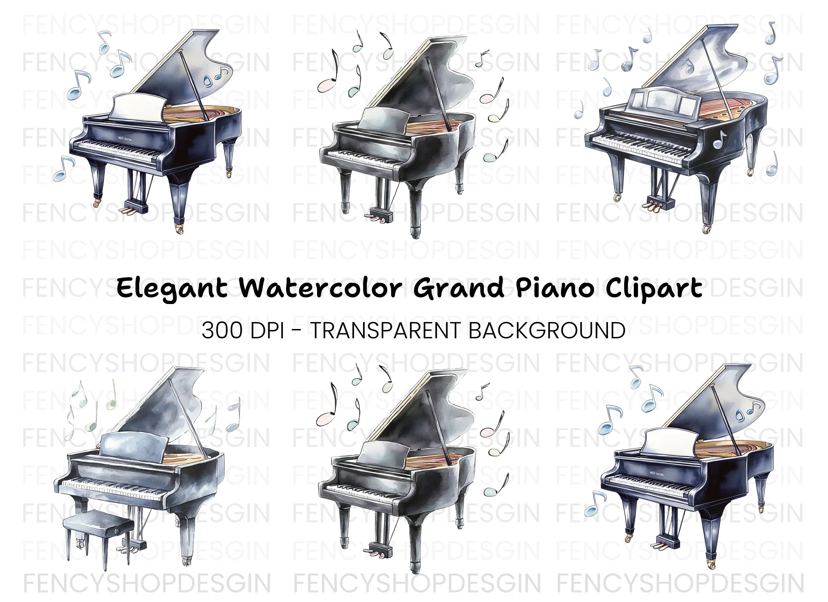 Grand Piano Musical Notes Clipart Bundle