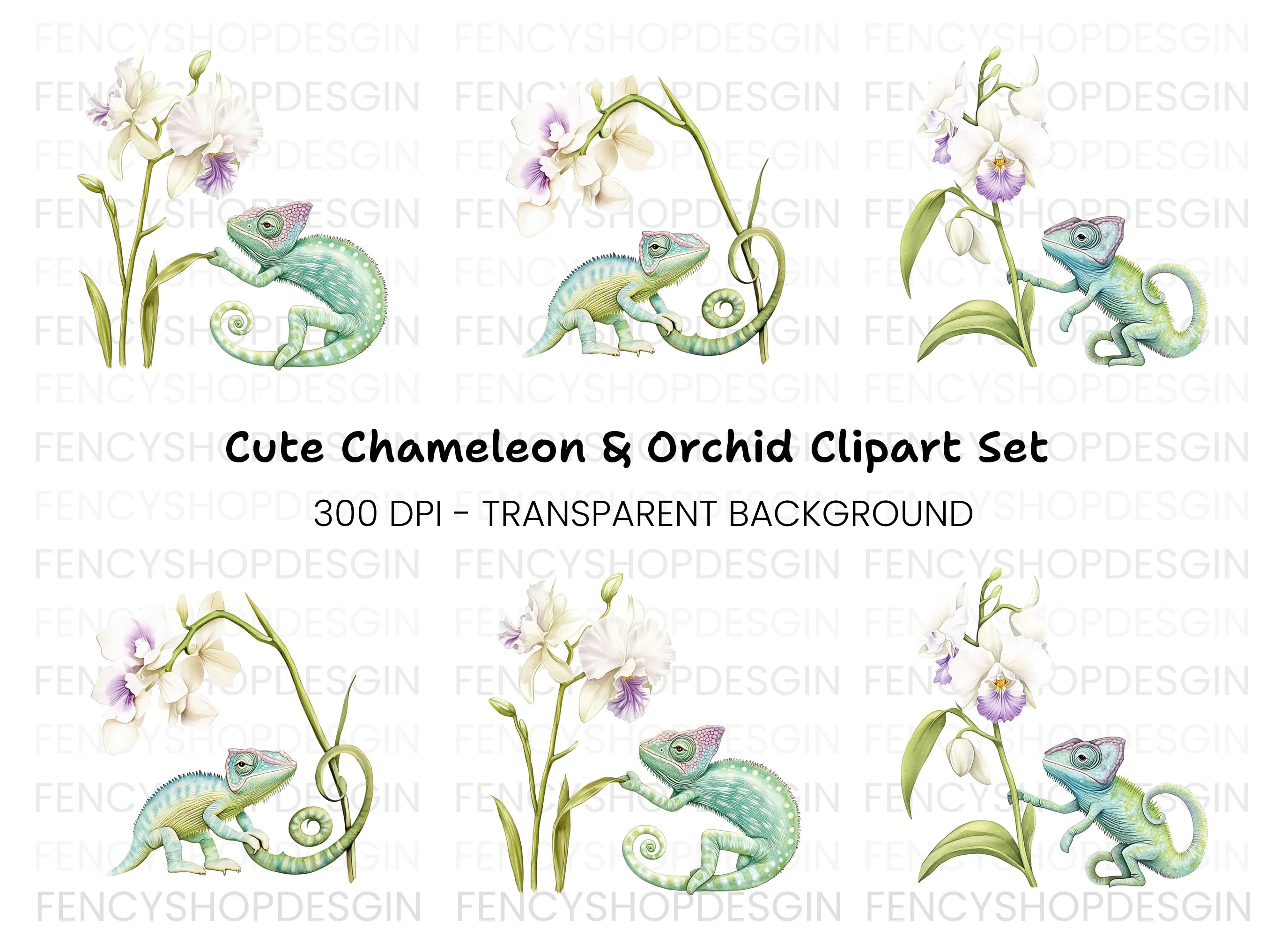 Chameleon and Orchid Clipart Bundle