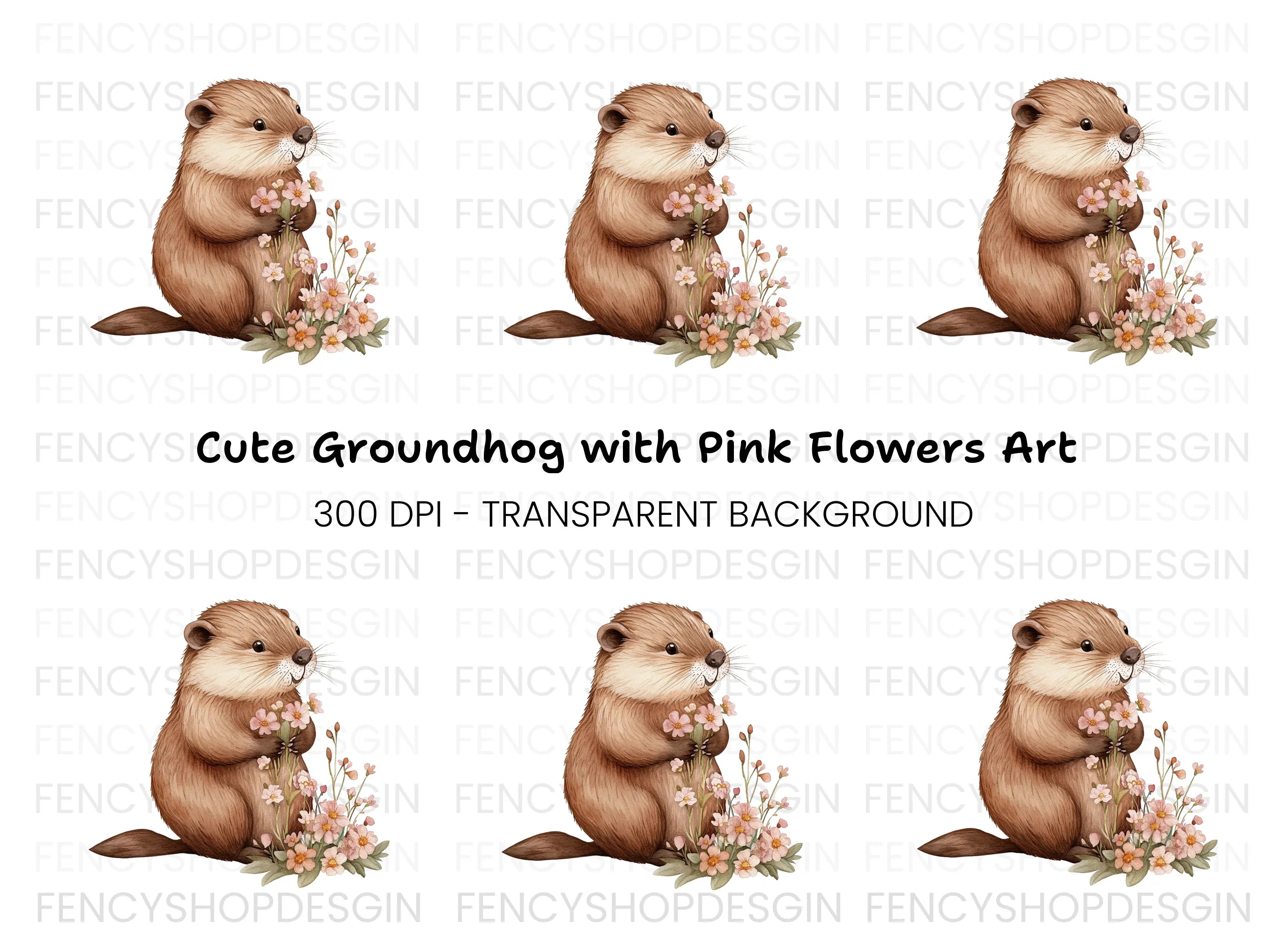 Sweet Groundhog Holding Flowers Clipart Bundle