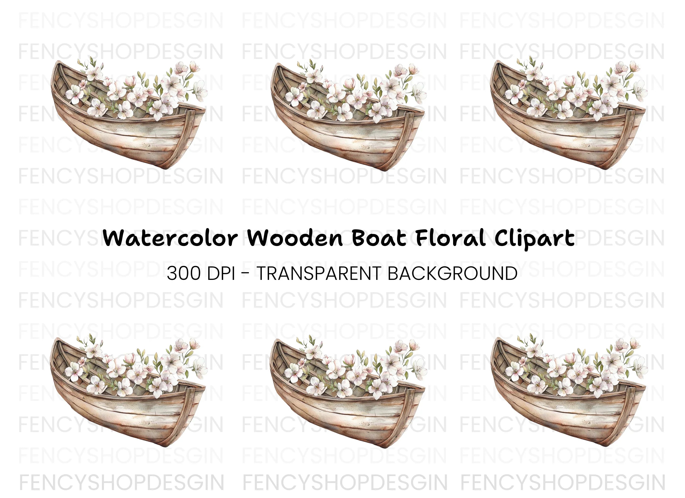 Small Wooden Boat with Pink Flowers Clipart Bundle