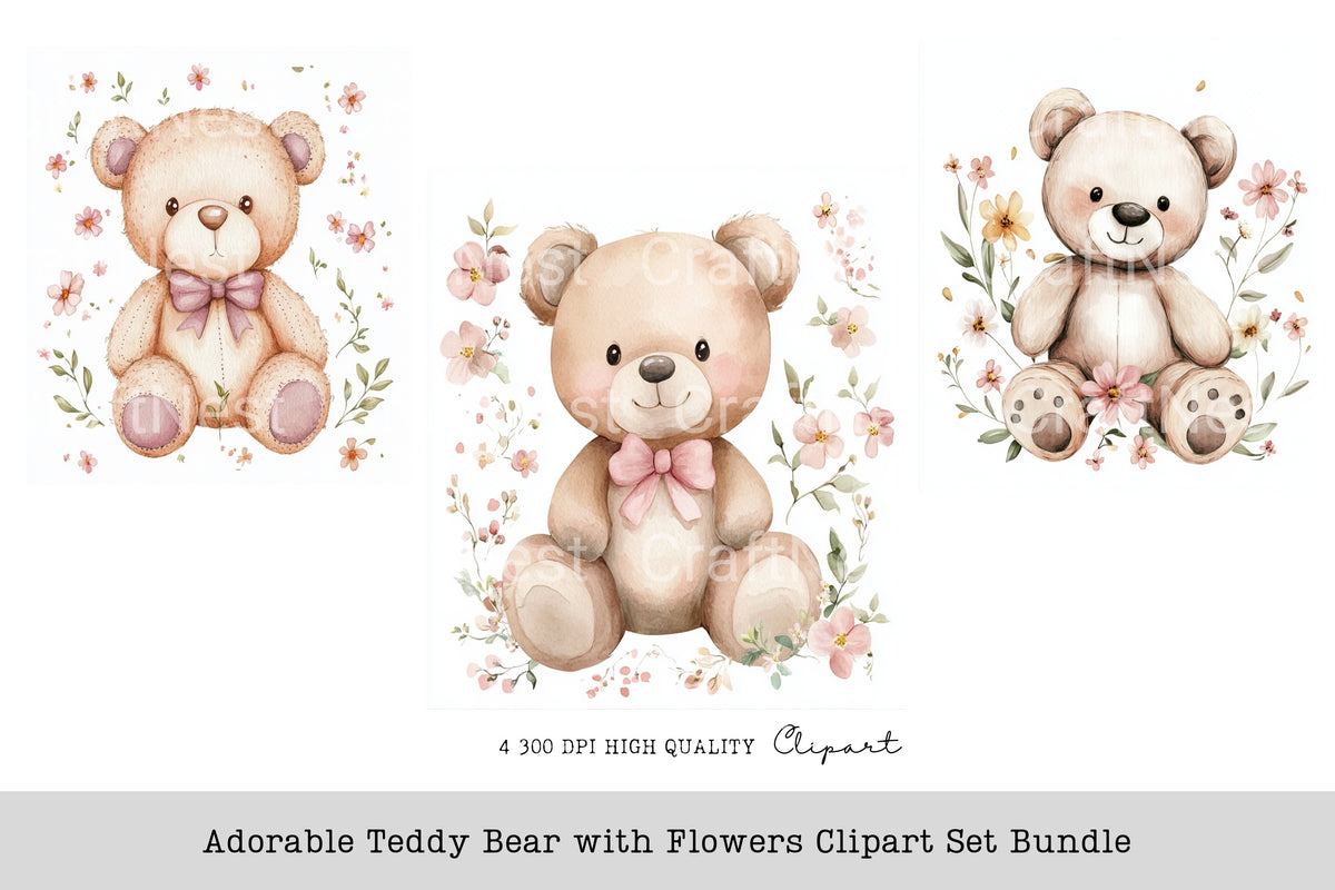 Adorable Teddy Bear With Flowers Clipart Bundle