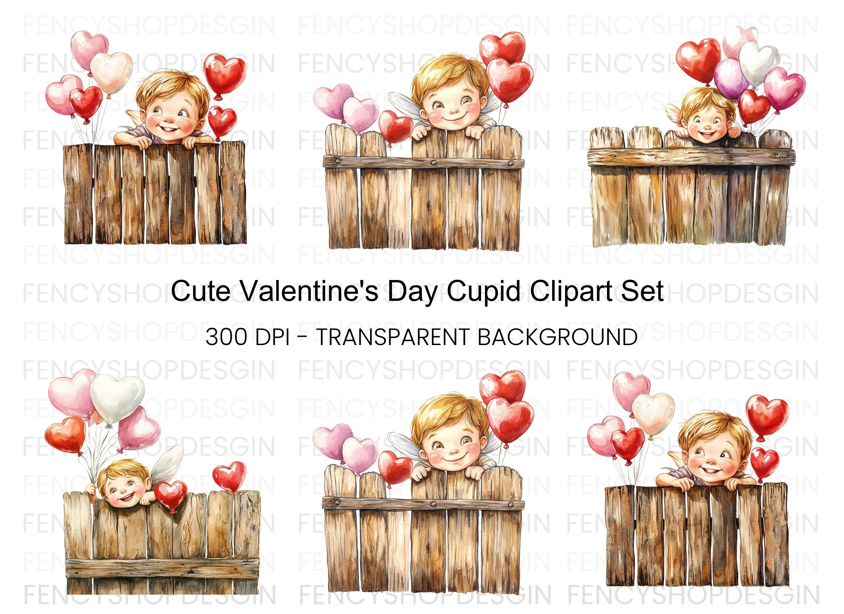 Cute Cupid with Heart Balloons Clipart Bundle