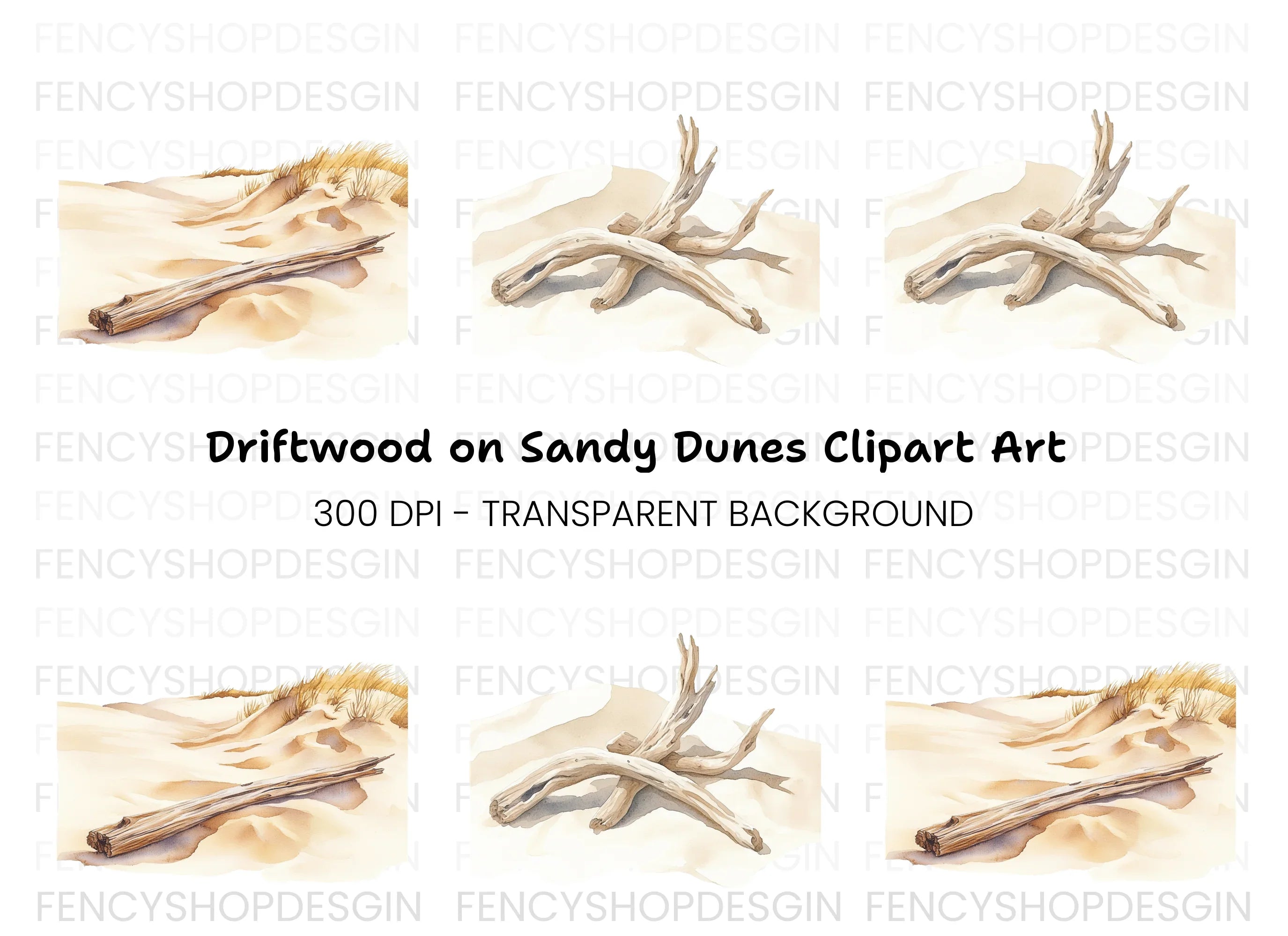 Driftwood on Sandy Beach Clipart Bundle