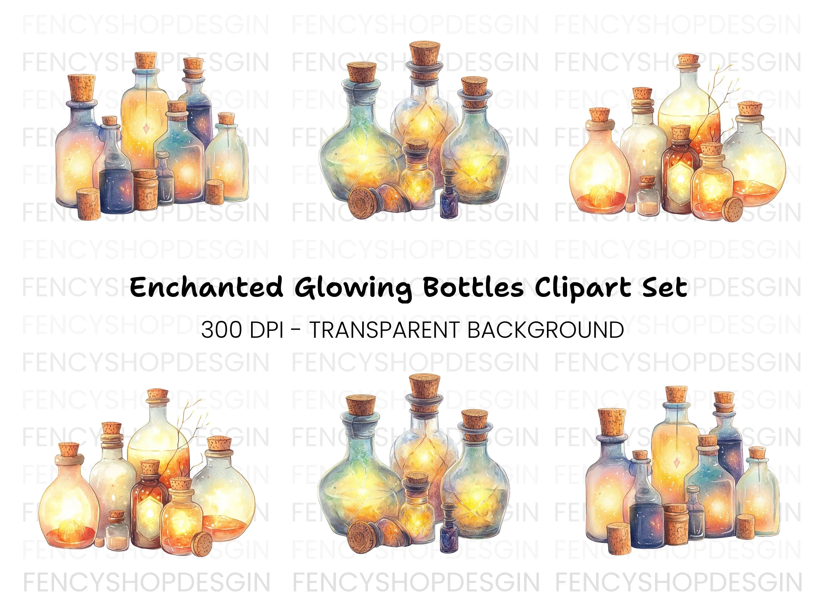 Glowing Magic Potion Bottles Clipart Bundle
