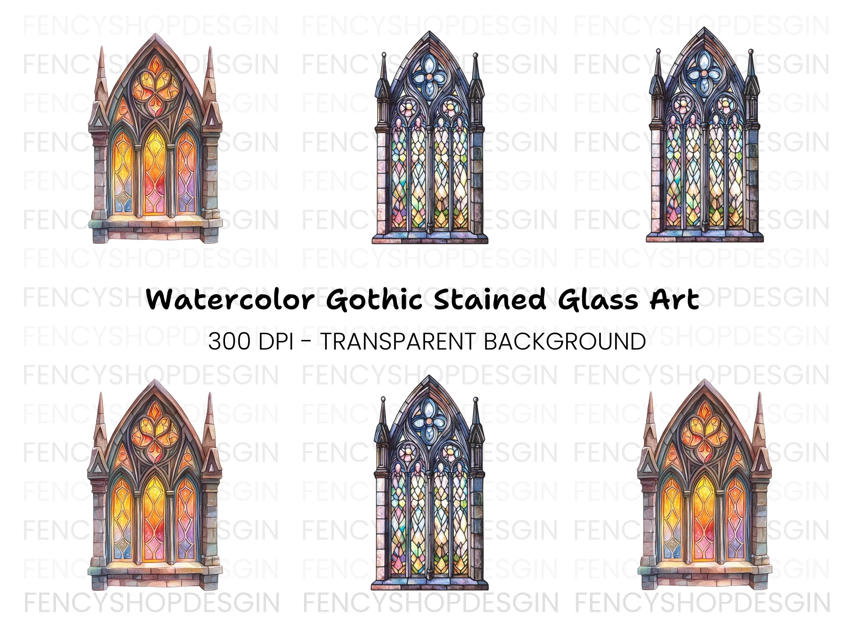 Gothic Stained Glass Window Clipart Bundle