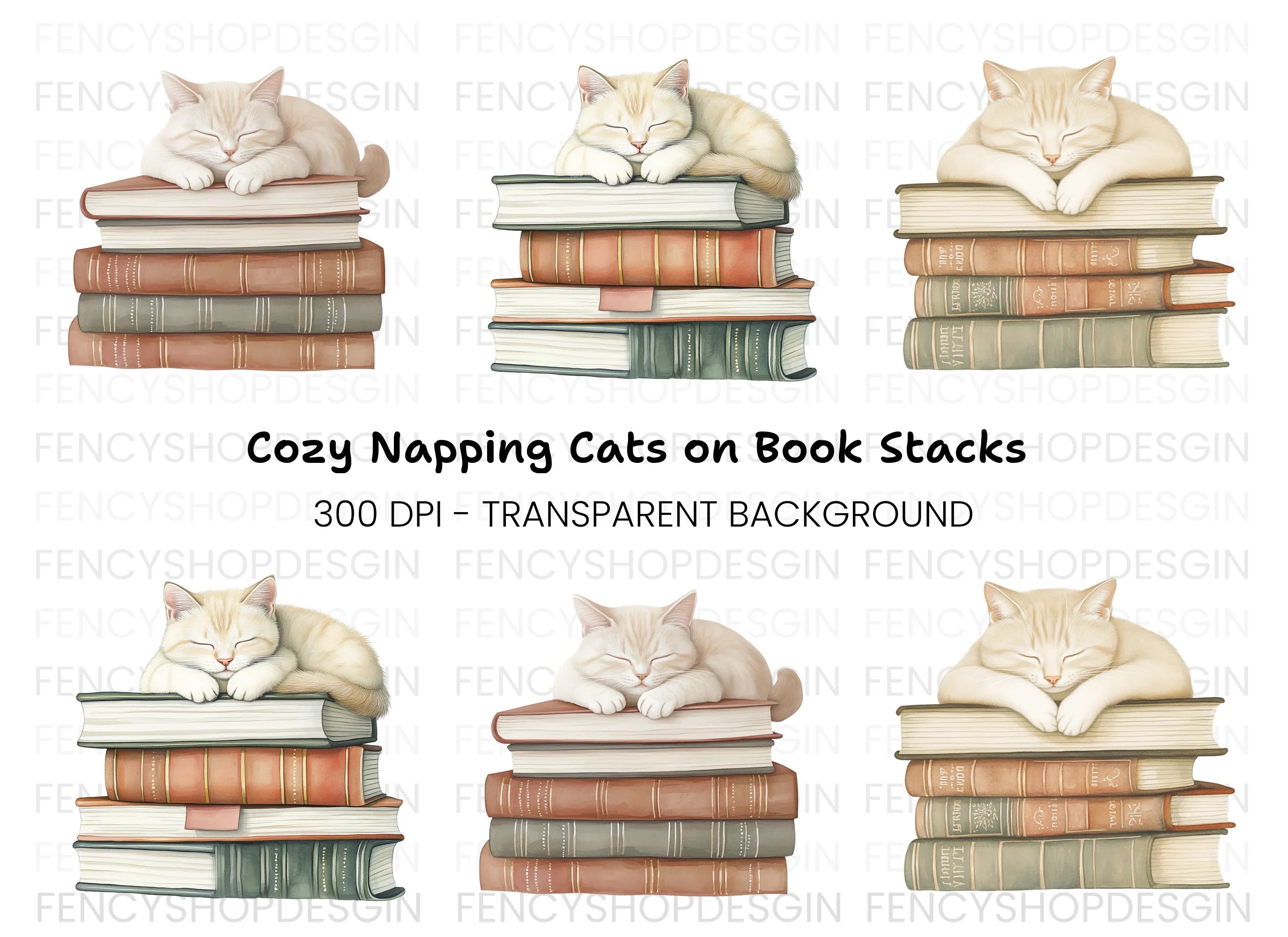 Sleeping Cats on Books Clipart Bundle