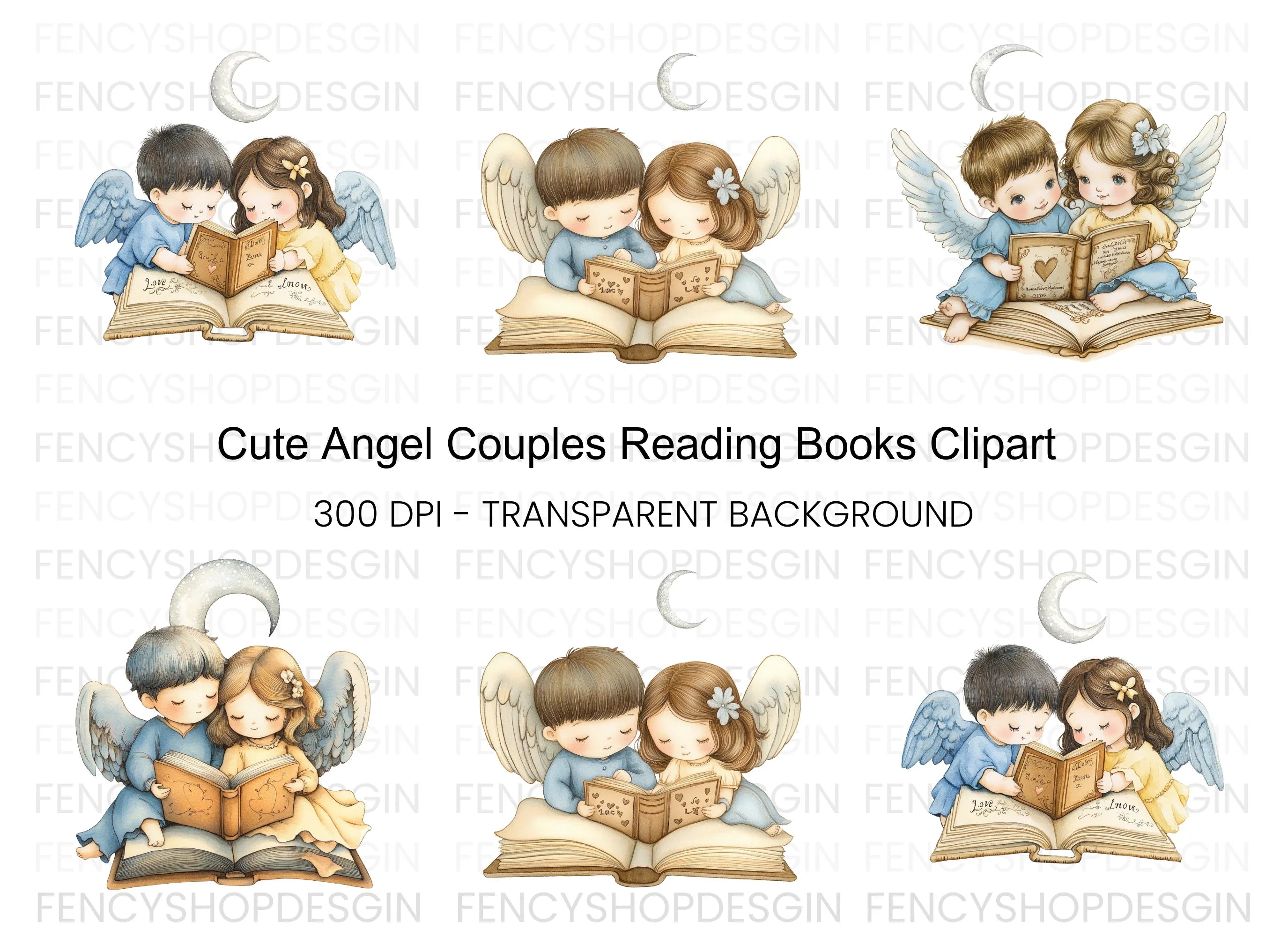 Cute Angel Couples Reading Clipart Bundle