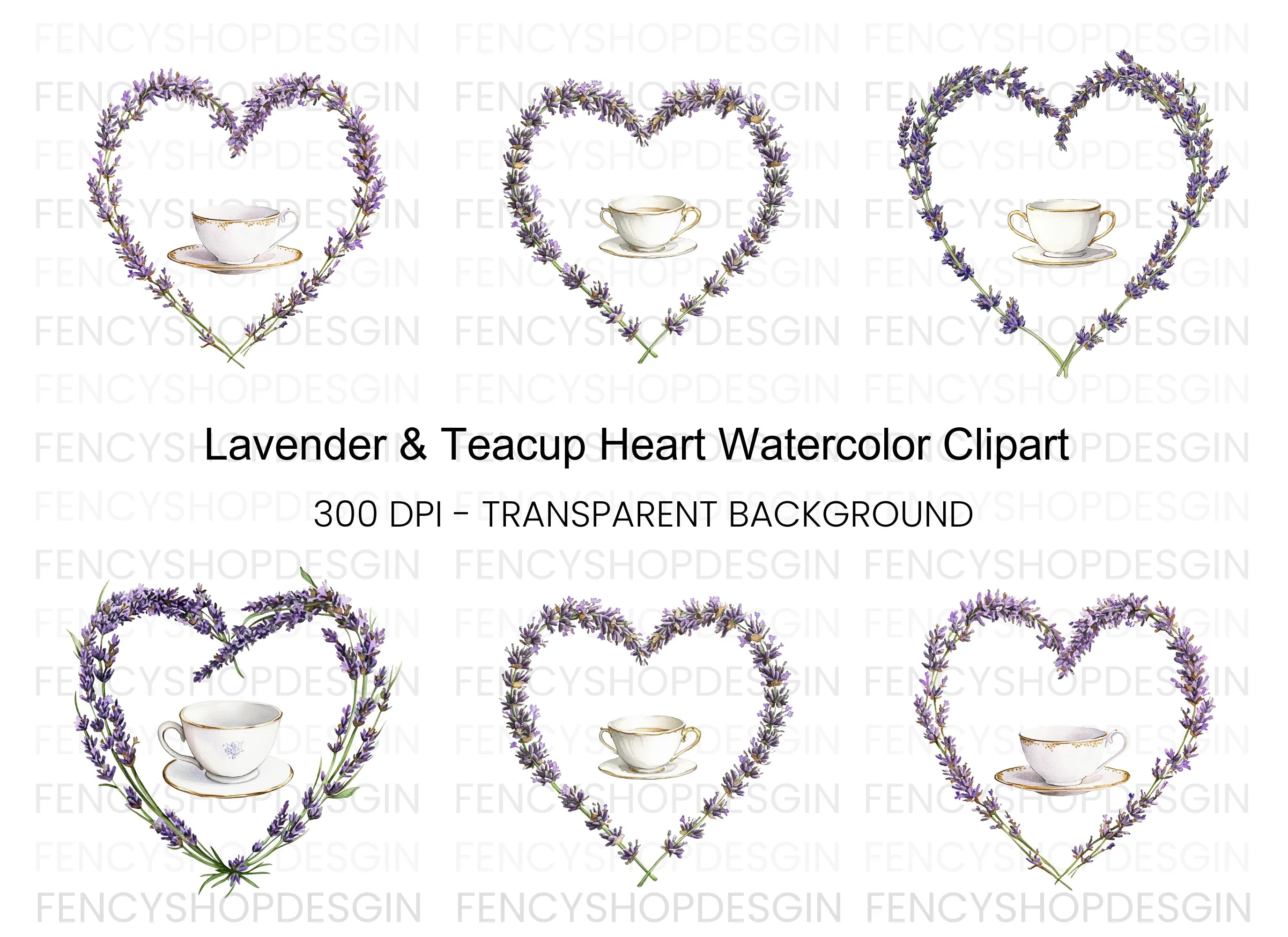 Lavender Heart and Teacup Clipart Bundle