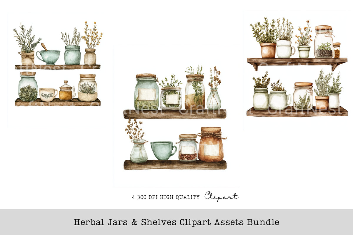 Herbal Jars Shelves Clipart Bundle