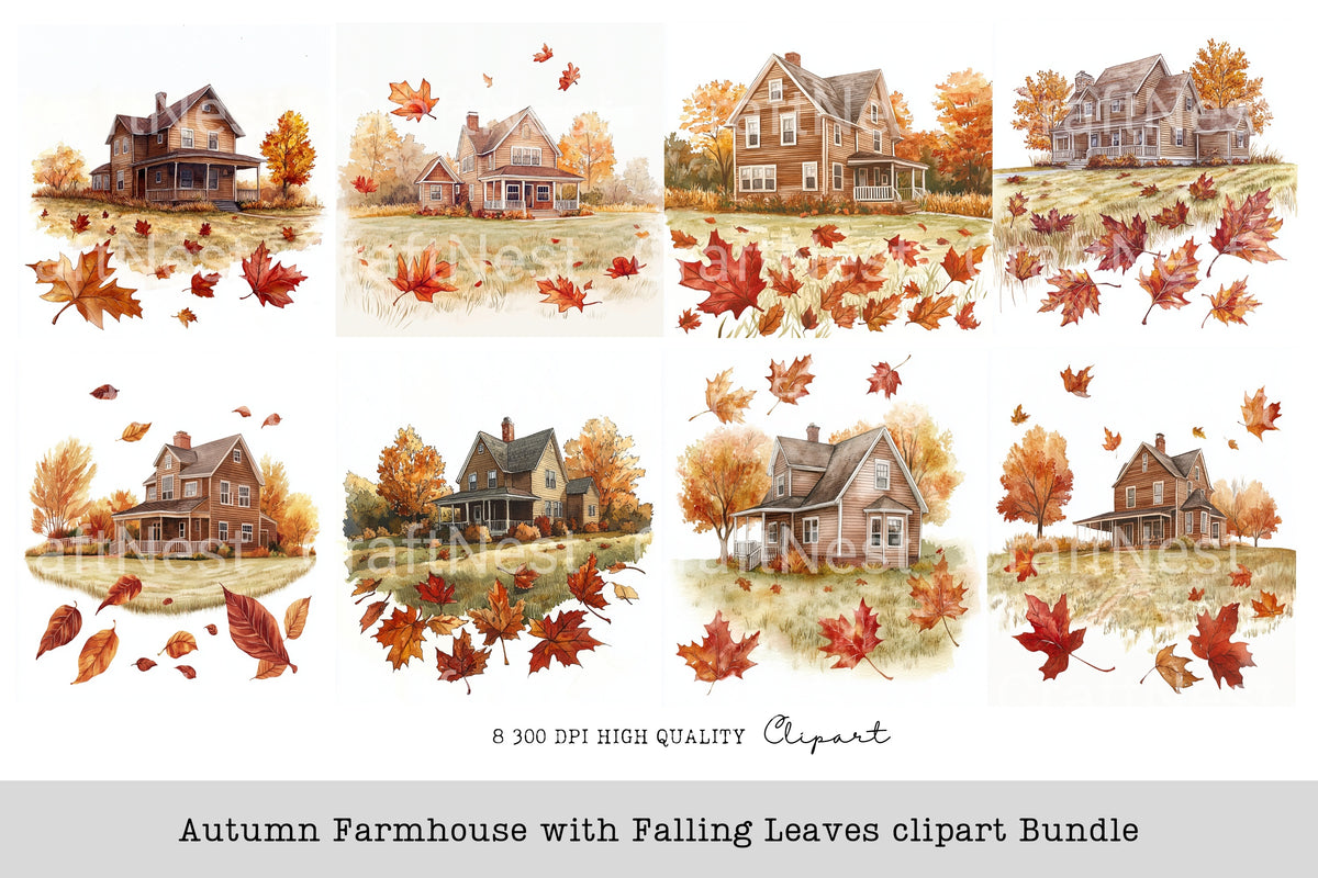 Autumn Farmhouse With Falling Leaves Clipart Bundle