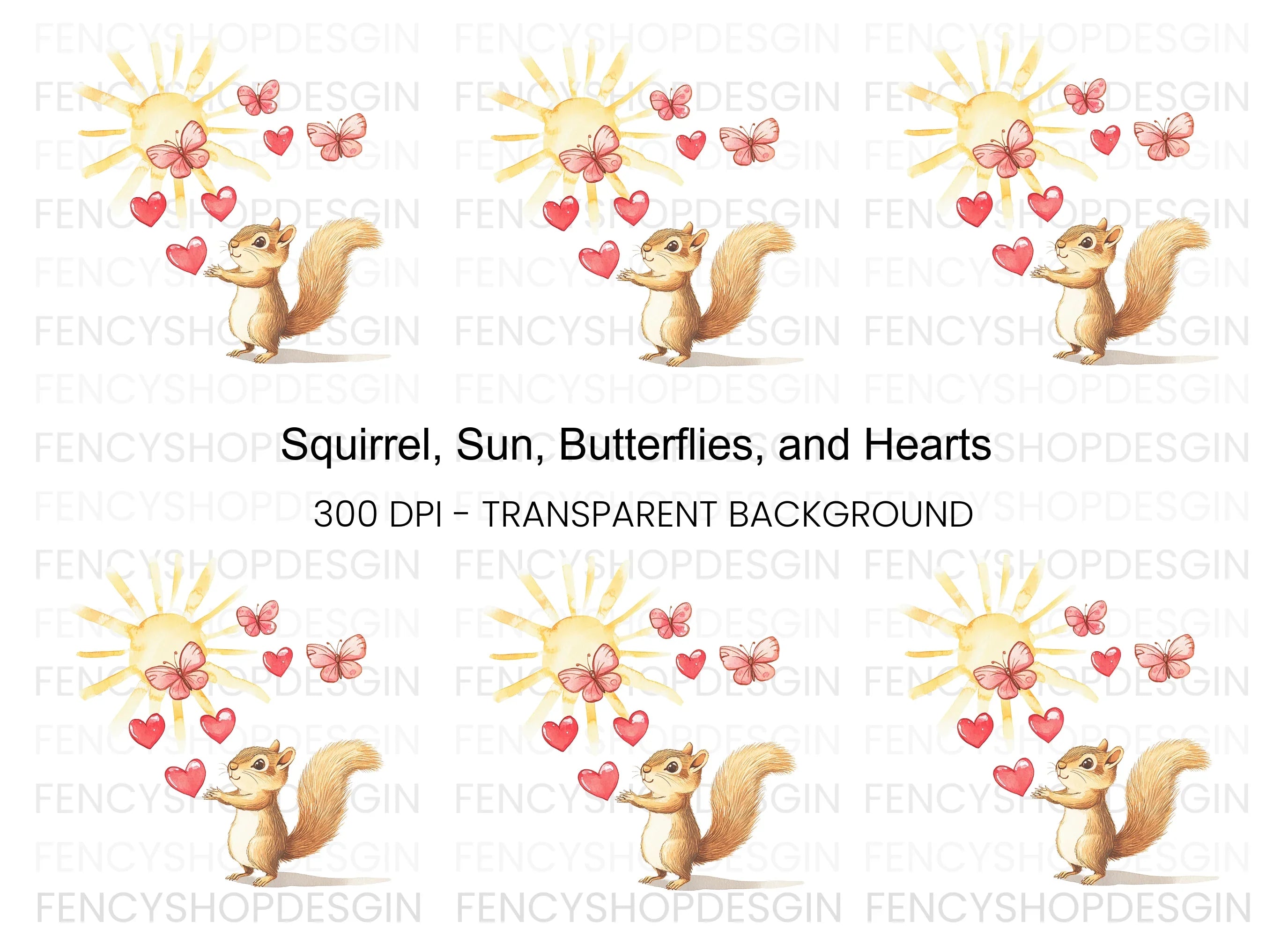 Happy Squirrel with Hearts and Butterflies Clipart Bundle