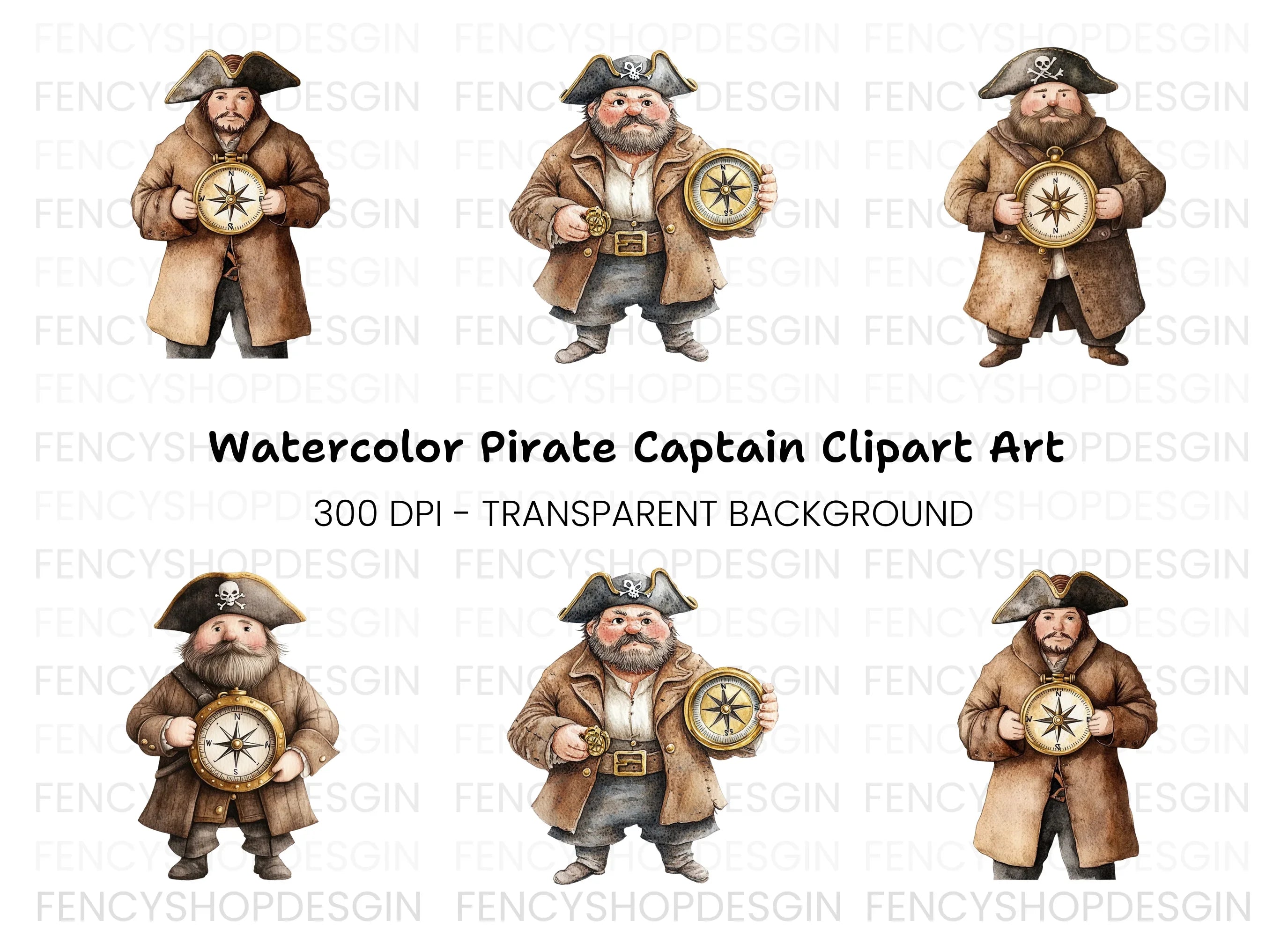 Bearded Pirates with Compasses Clipart Bundle