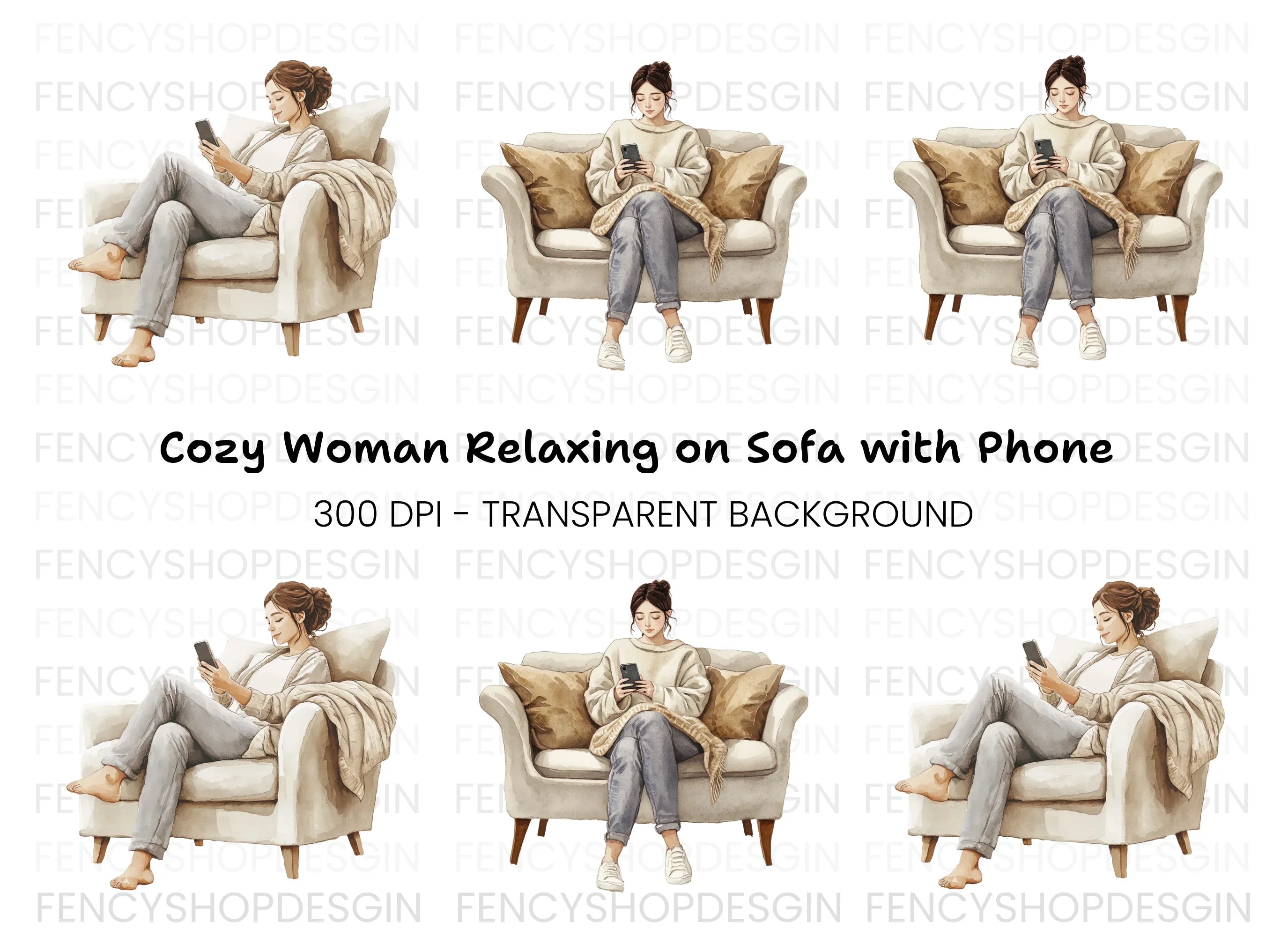 Relaxing Woman on Couch Clipart Bundle