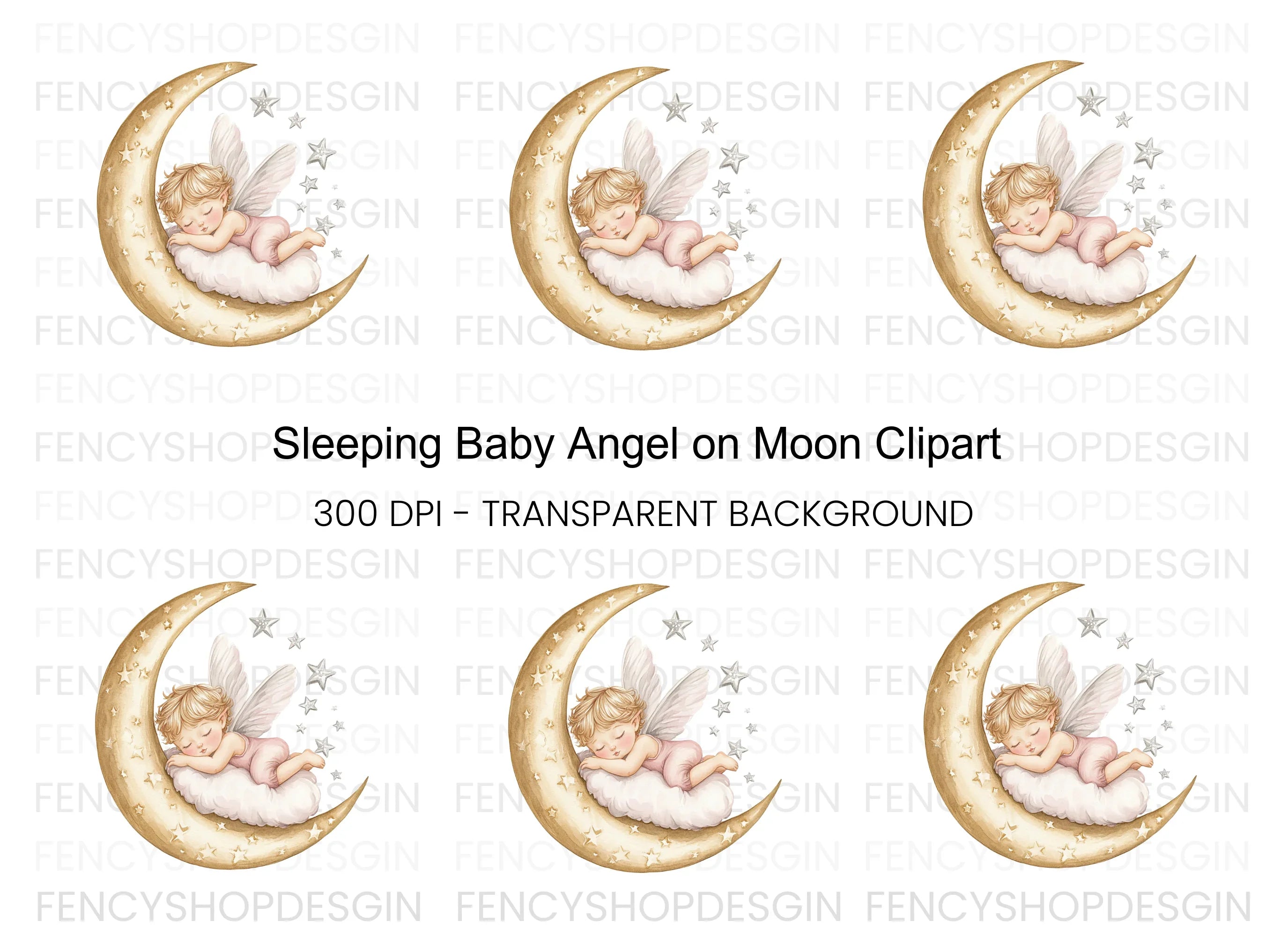 Sleeping Baby Angel on Moon Clipart Bundle
