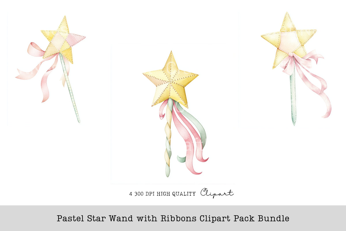 Pastel Star Wand With Ribbons Clipart Bundle