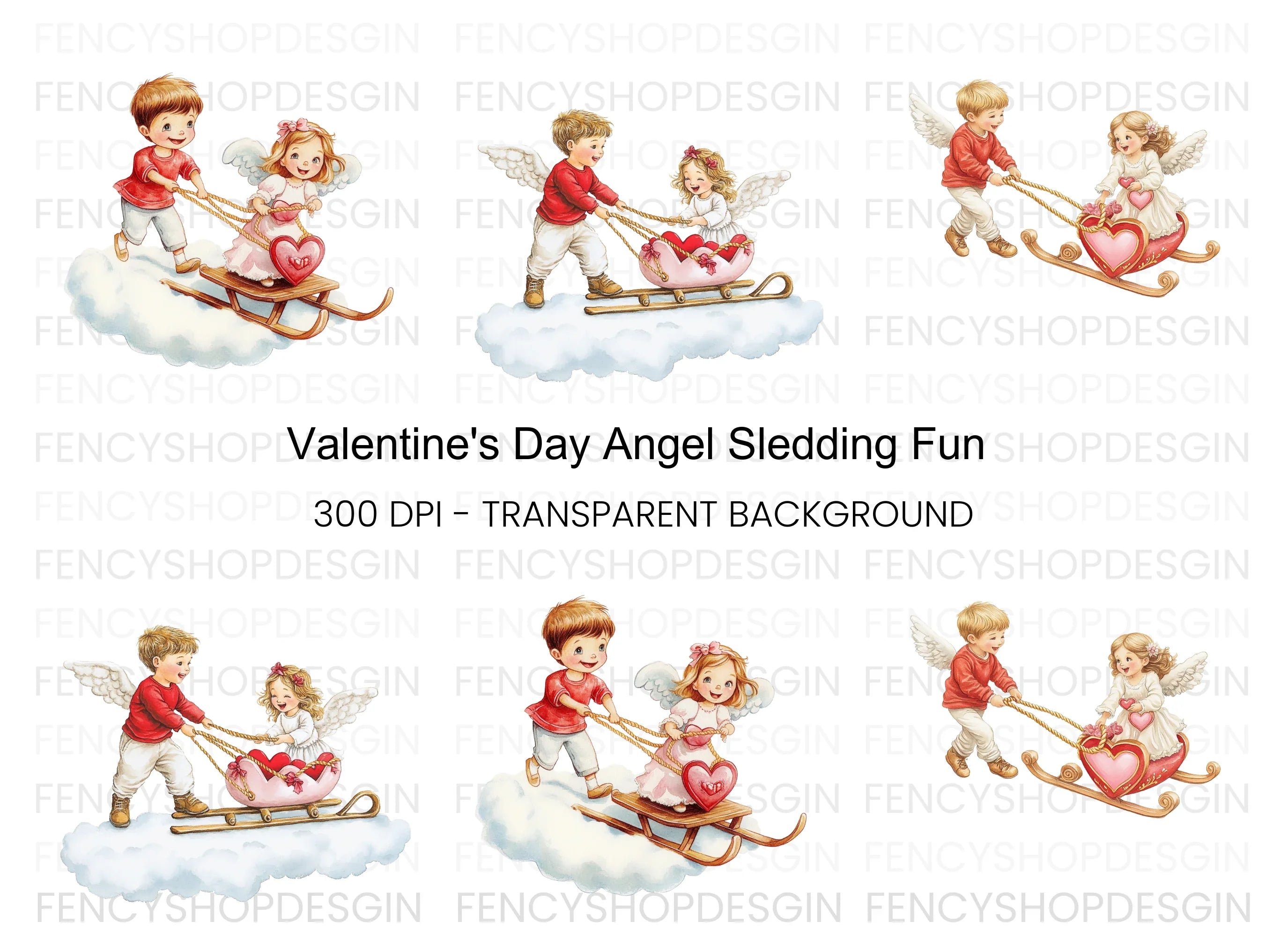 Cute Valentine Angels Sleigh Clipart Bundle