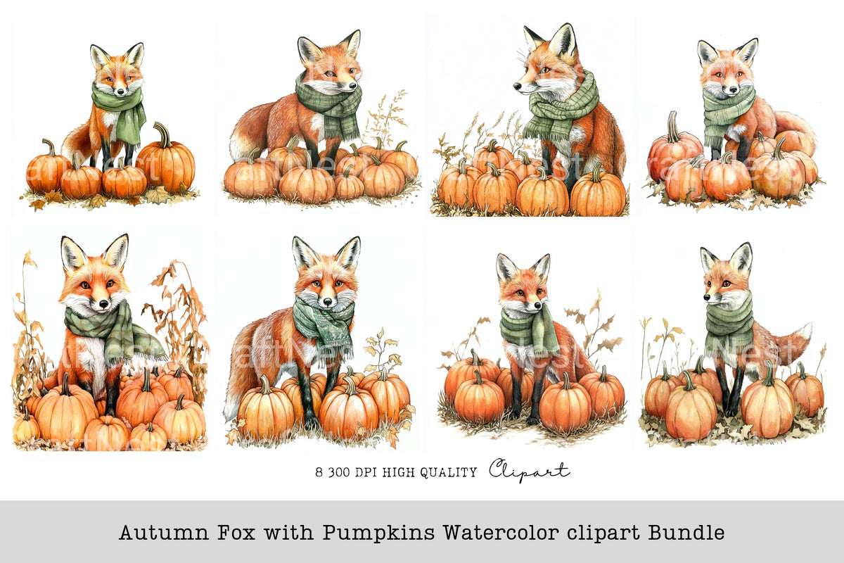 Autumn Fox With Pumpkins Clipart Bundle