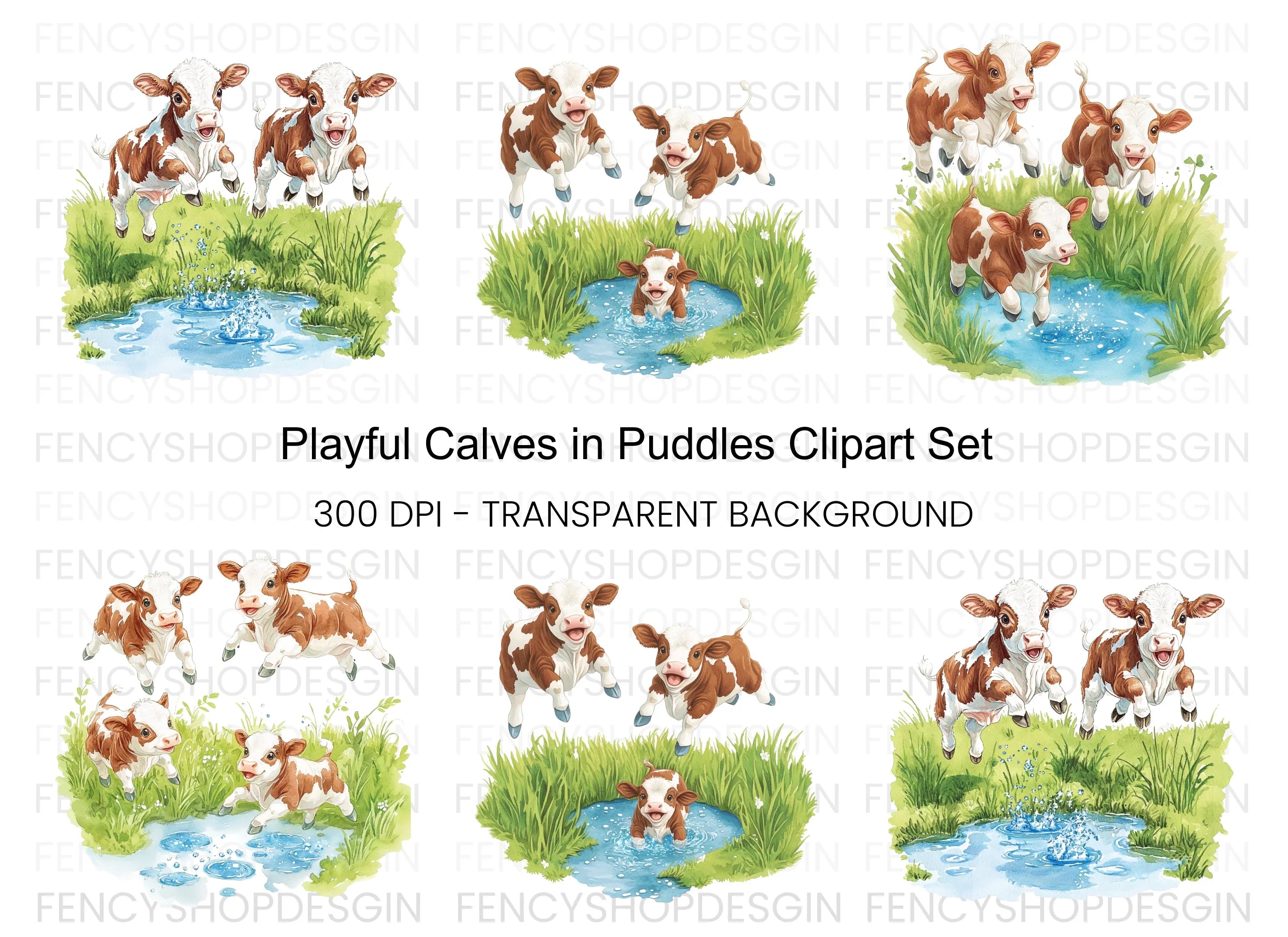 Playful Calves in Water Clipart Bundle