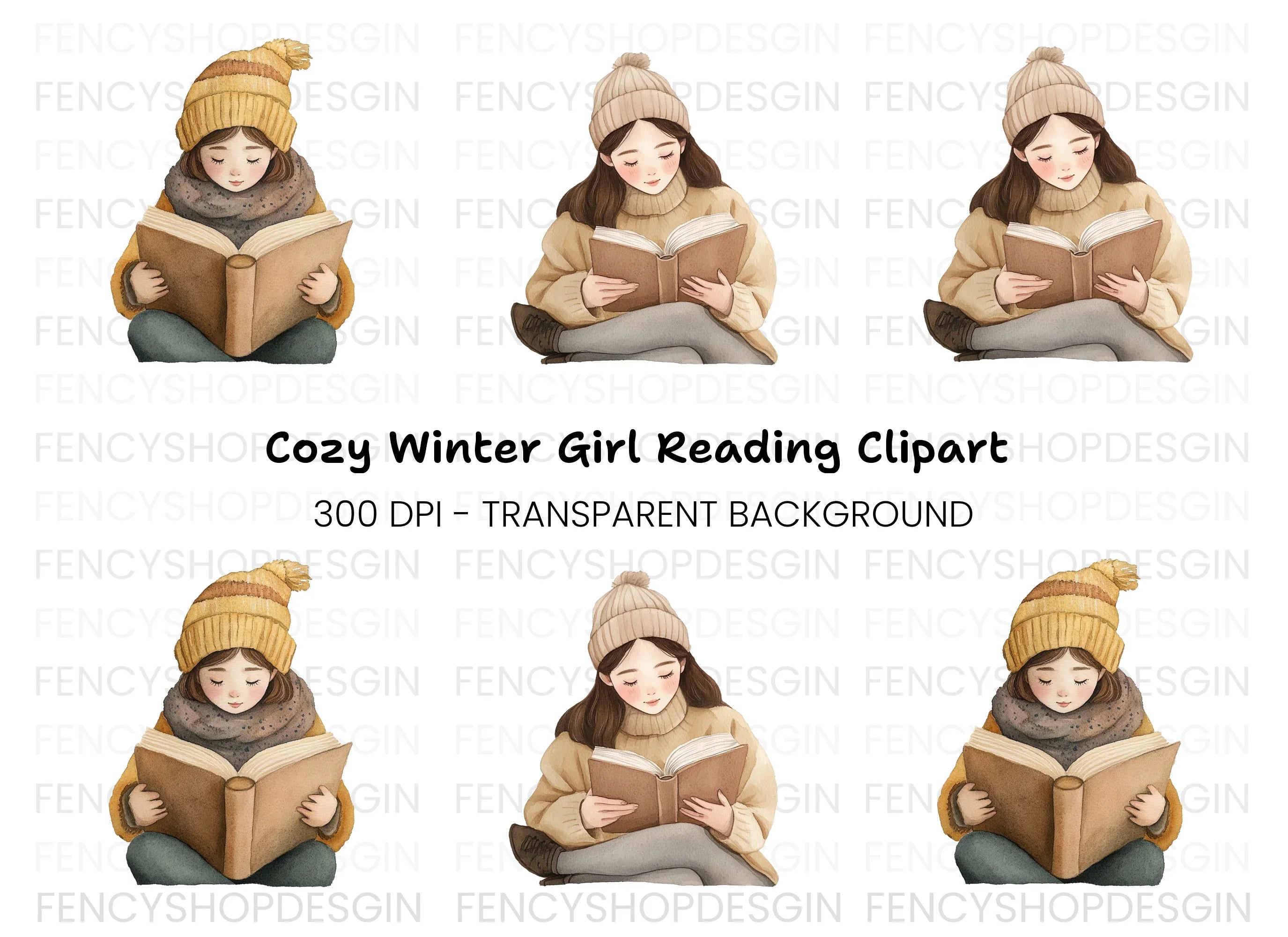 Cozy Girls Reading Books Clipart Bundle