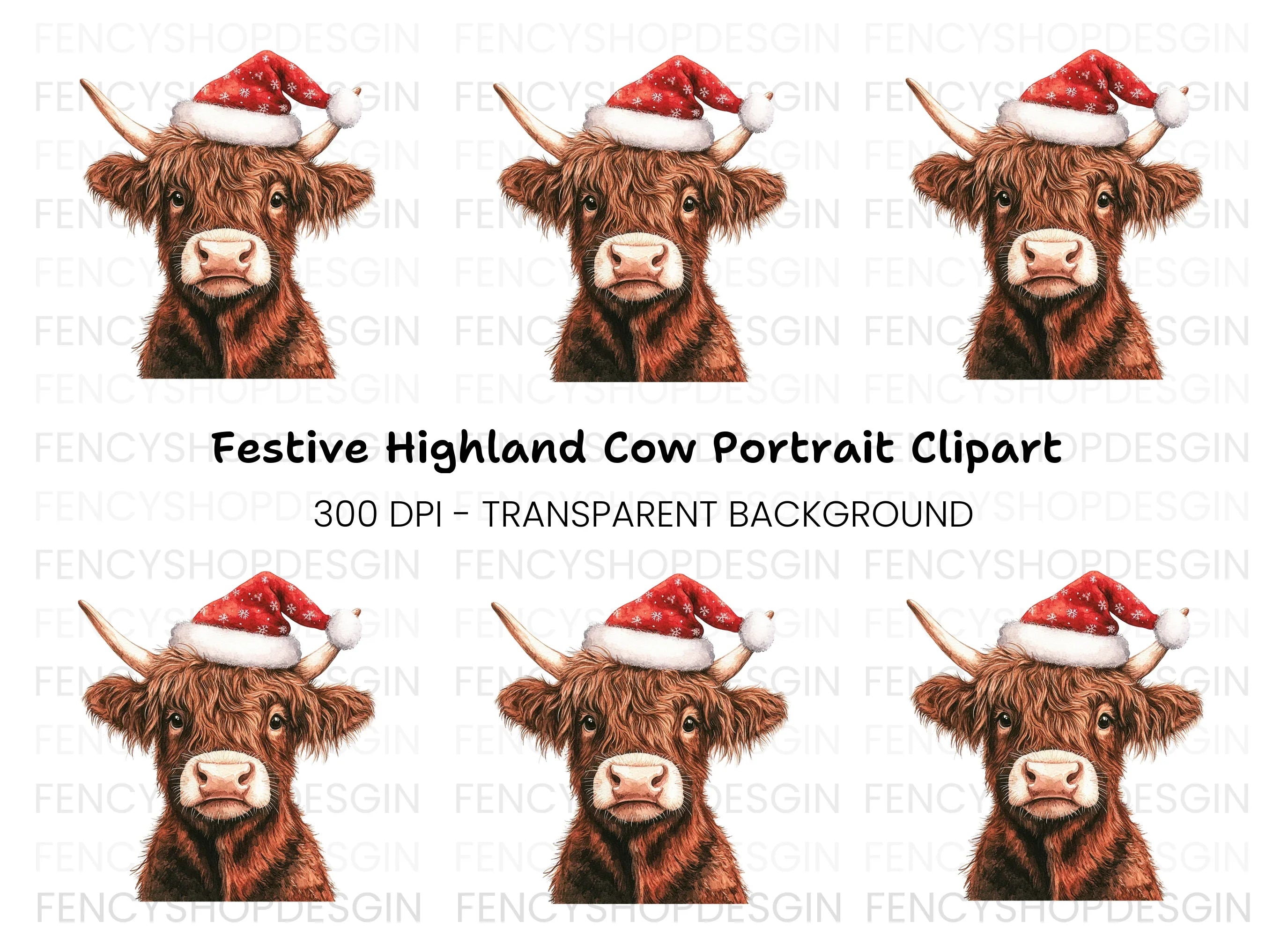 Cute Highland Cow Santa Hat Clipart Bundle